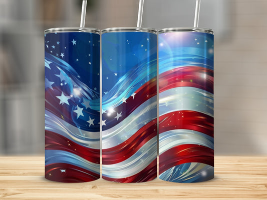 Three tumblers featuring an abstract American flag design with stars and stripes.