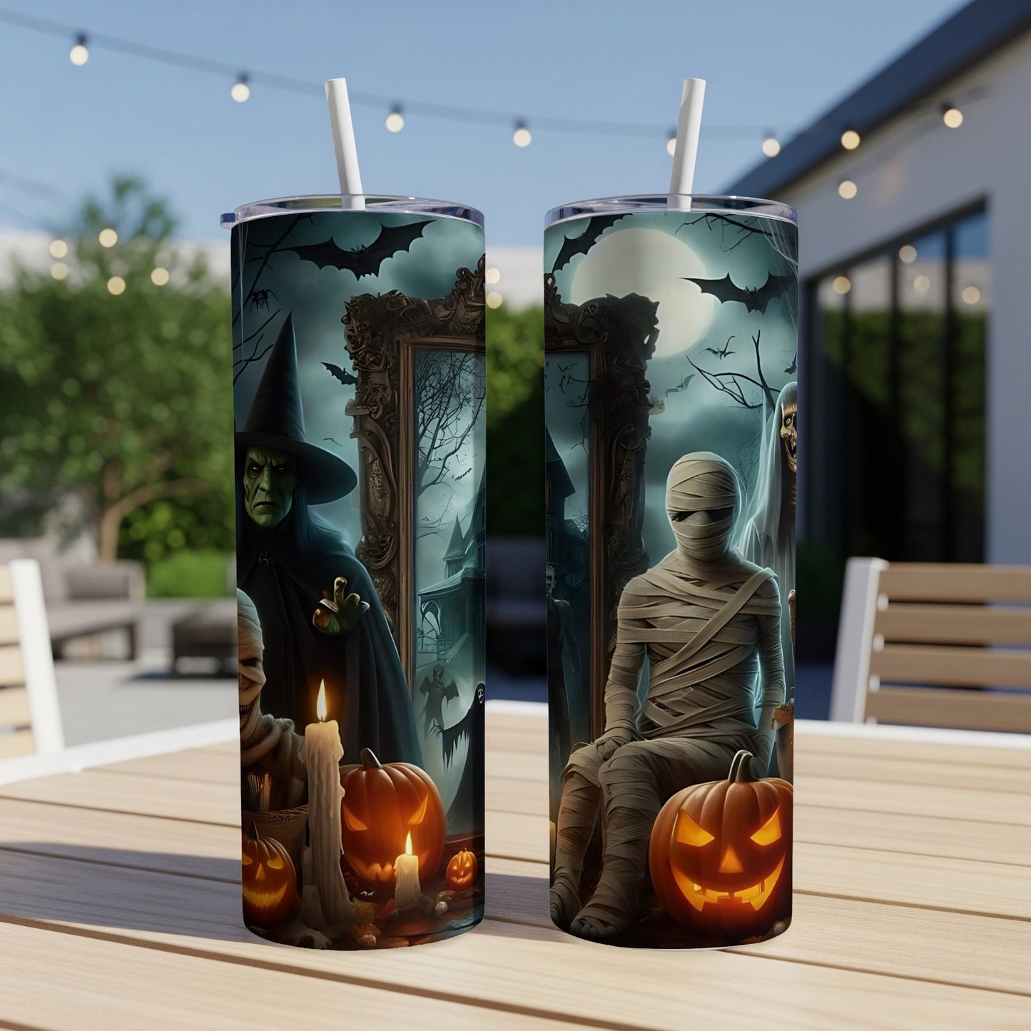 Halloween tumblers featuring a witch, mummy, and jack-o'-lanterns against a spooky background.