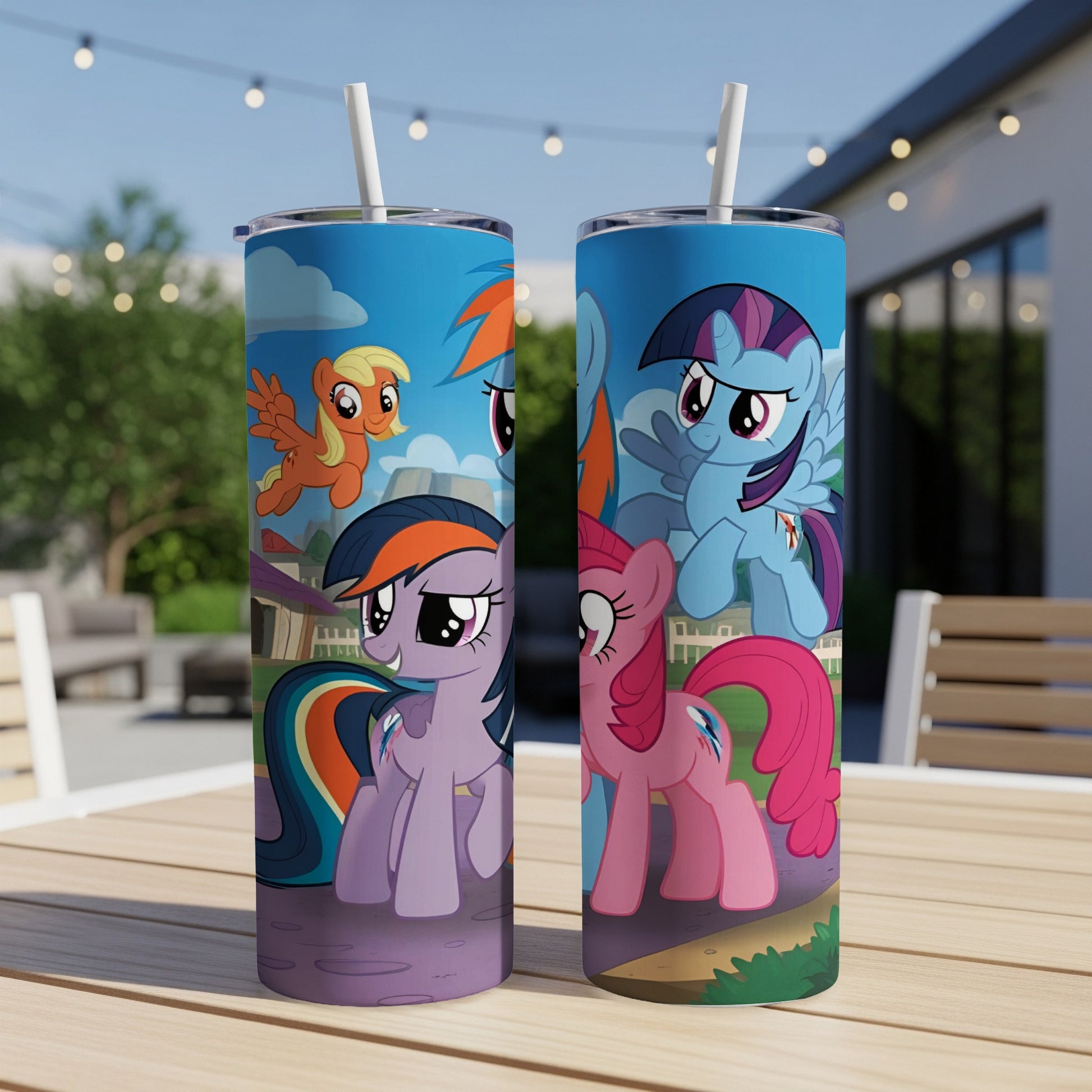 My Little Pony characters Rainbow Dash, Twilight Sparkle, and Applejack on a colorful tumbler.