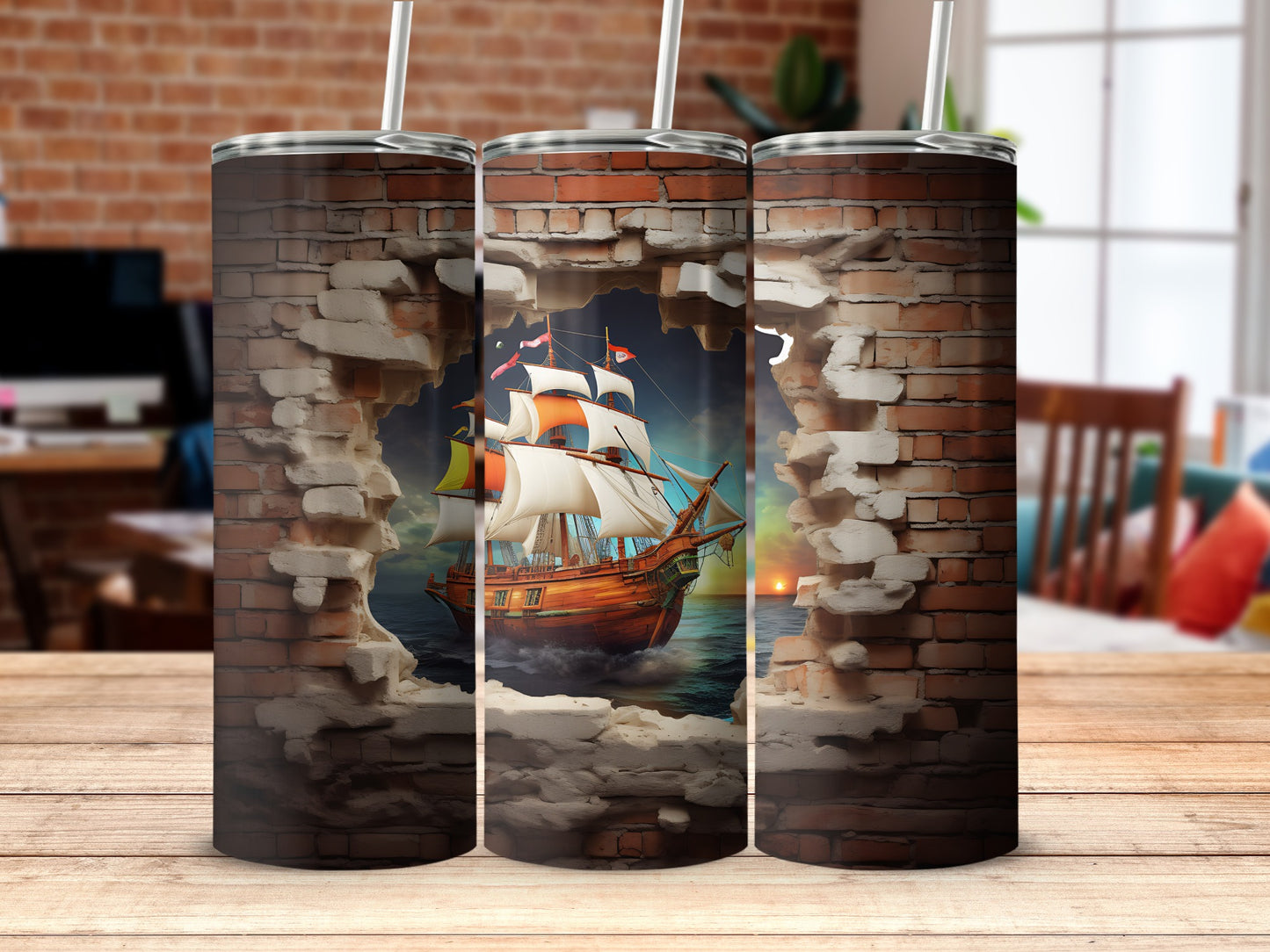 Vintage Ship Through Brick Wall Design Tumbler