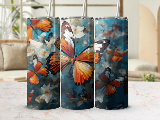 Orange Butterfly White Flowers Blue Background Tumbler product type