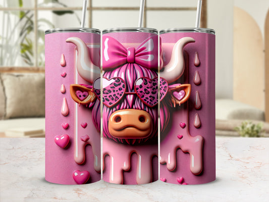 Pink Highland cow with heart sunglasses and bow on a tumbler.