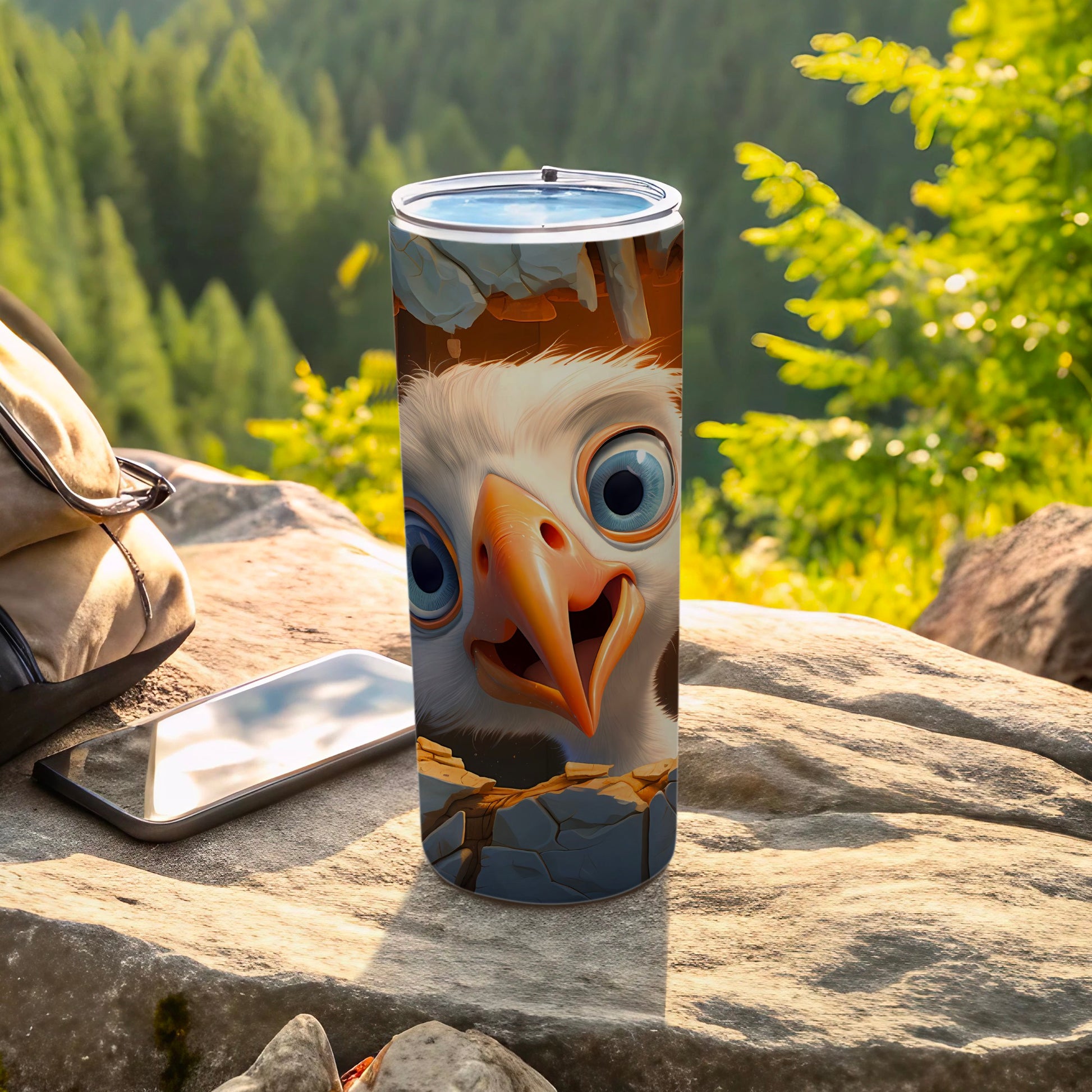 Funny Big Eyed Bird Design Travel Tumbler product type
Bird Tumbler, Funny Bird, Big Eyed Bird, Cartoon Bird, Ostrich Chick, Emu Chick, Animal Design, Nature Scene, Mountain Forest, Outdoor Drinkware, Travel Cup, Unique Gift, Quirky Design, Happy Bird, White Bird, Orange Beak, Forest Background, Adventure Tumbler, Tumbler Cup, Custom Design