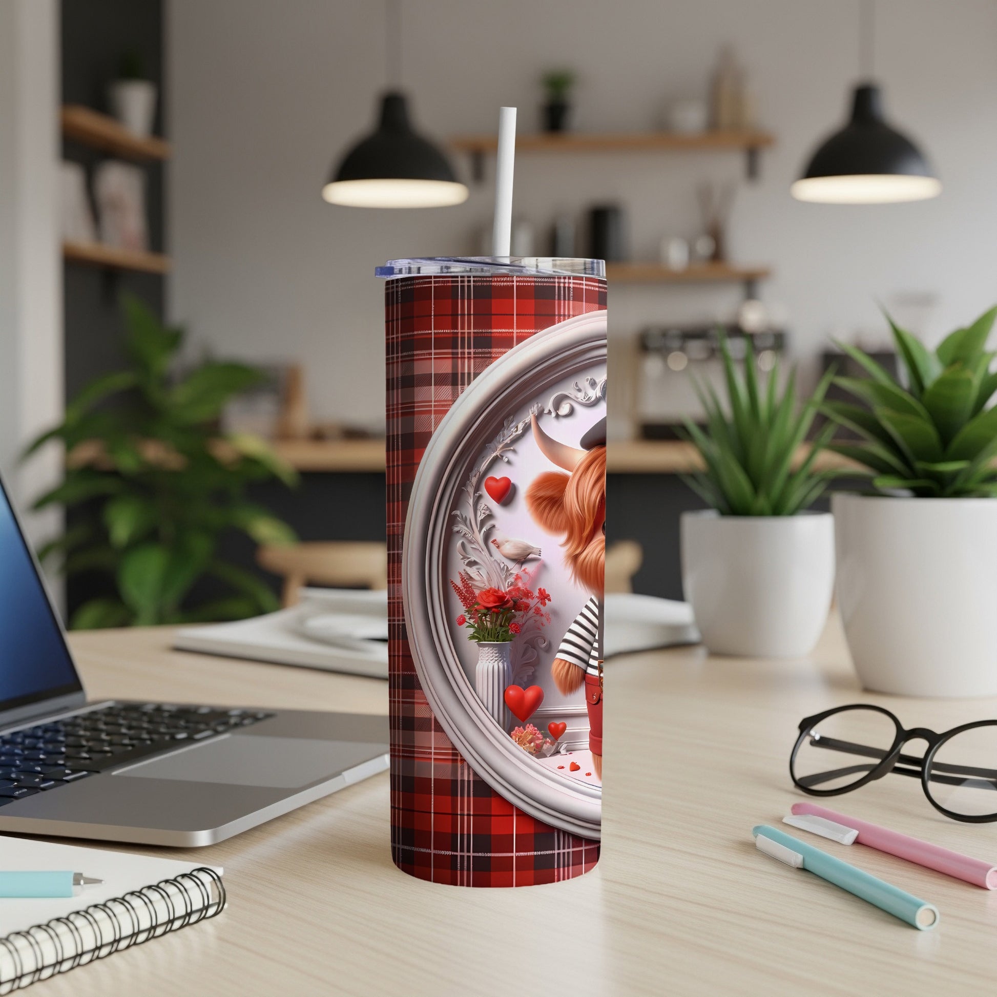 Red plaid tumbler with a highland cow and hearts design.