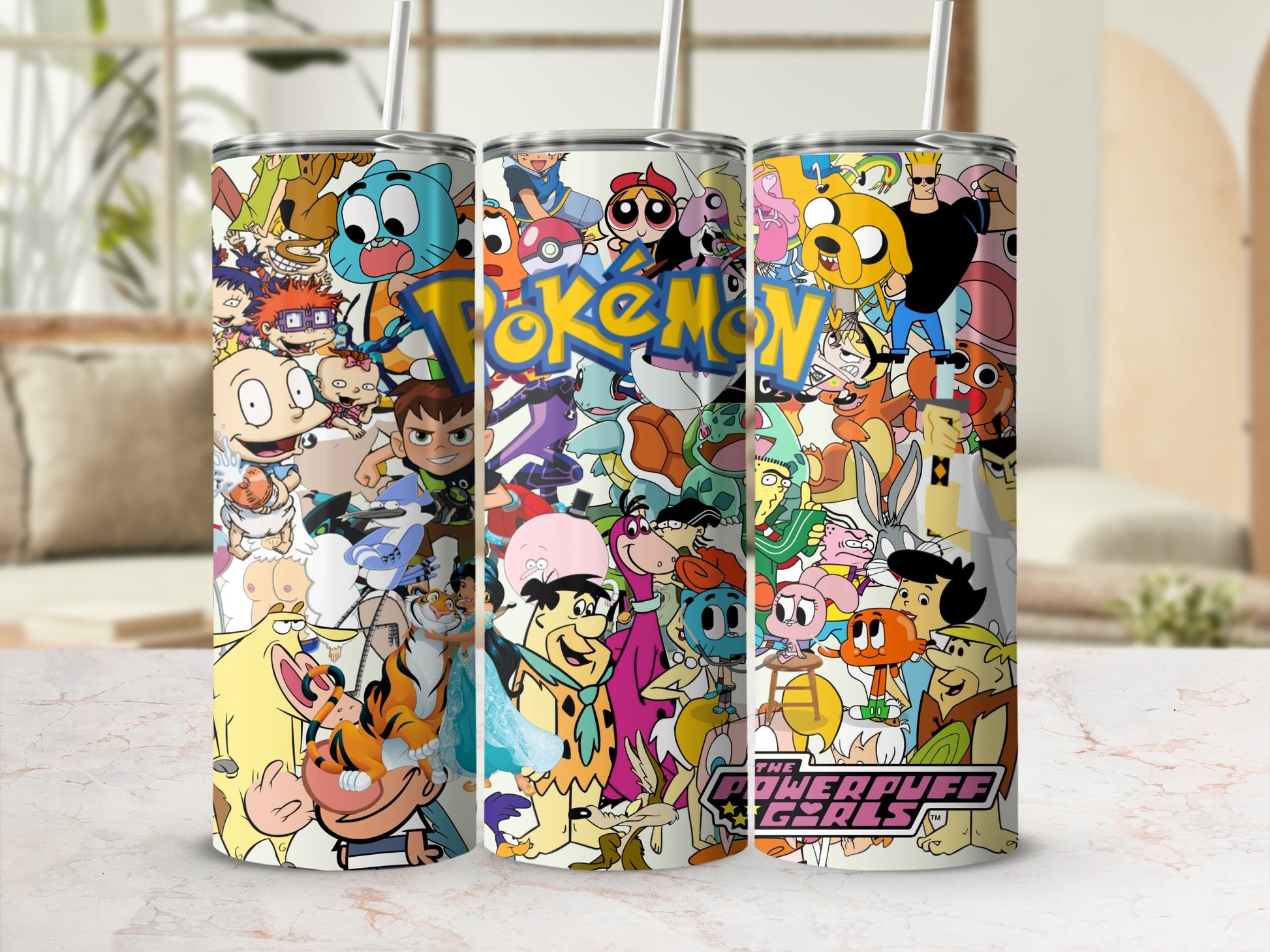 Retro Cartoon Collage Tumbler with Straw Stainless Steel