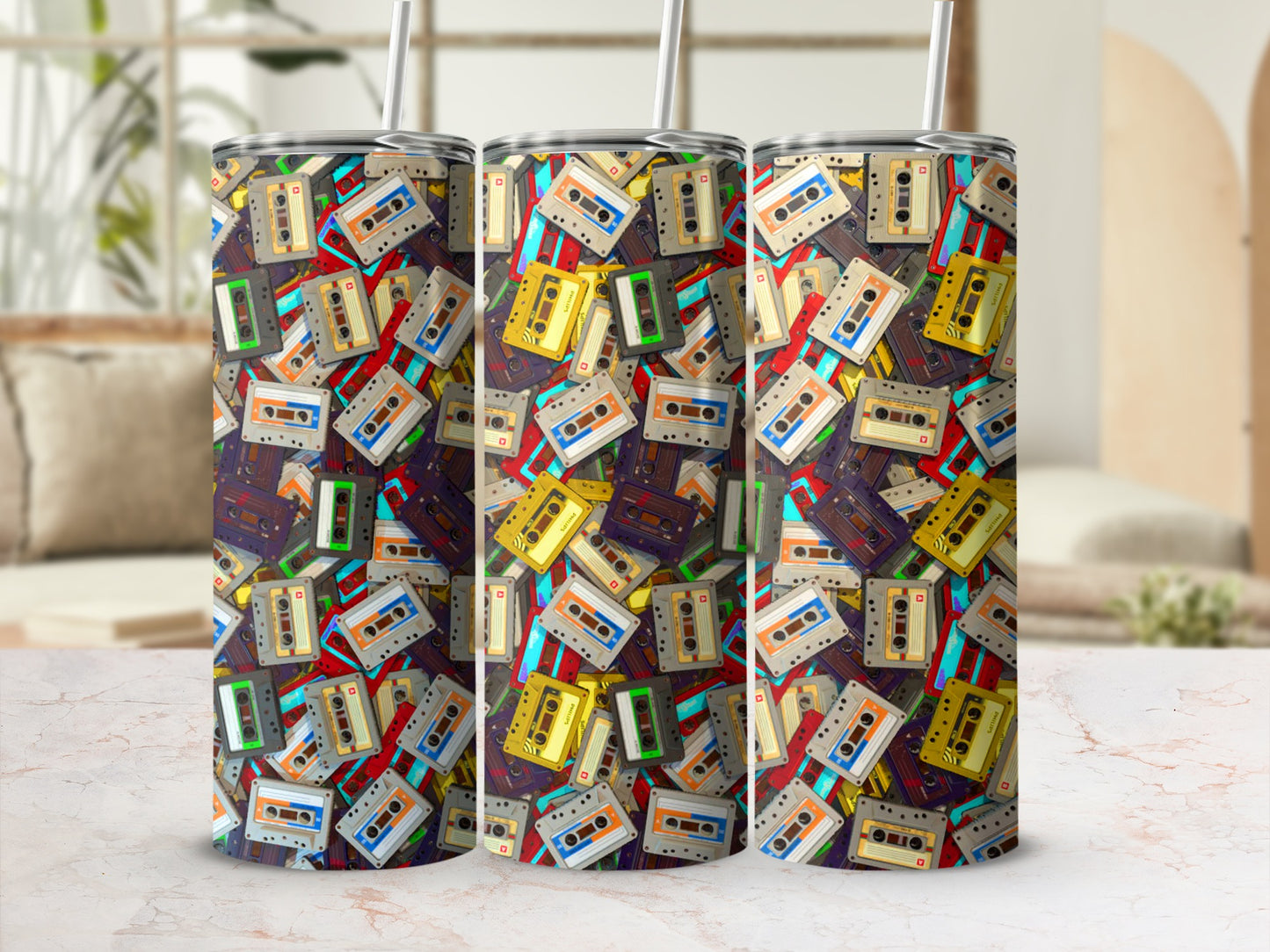 Retro Colorful Cassette Tapes Pattern Drinkware product type
