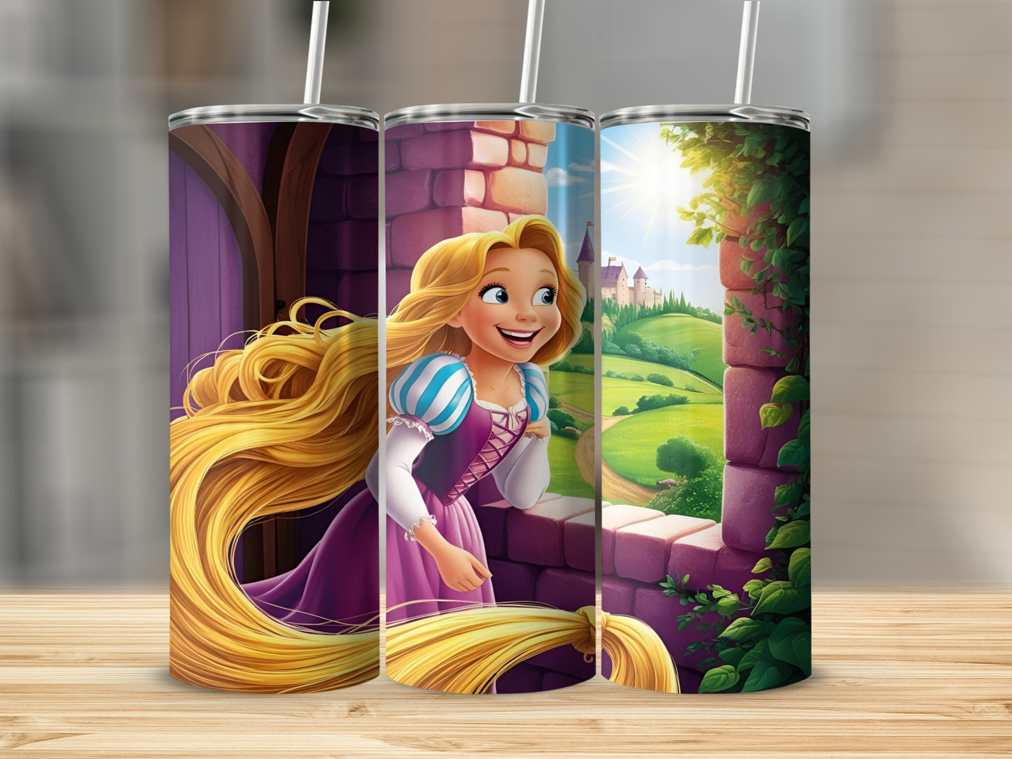 Rapunzel with long blonde hair, smiling, in a castle window.