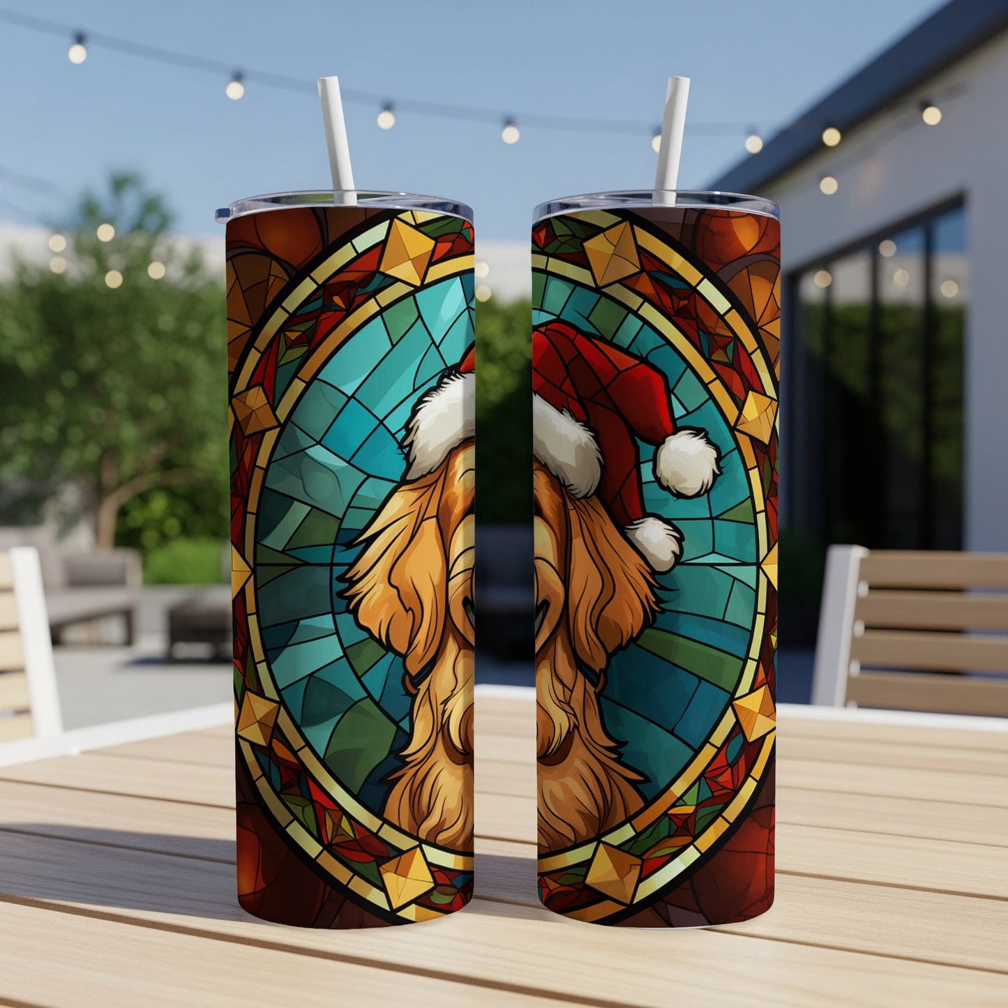Two tumblers with stained-glass dog and Santa hat design.