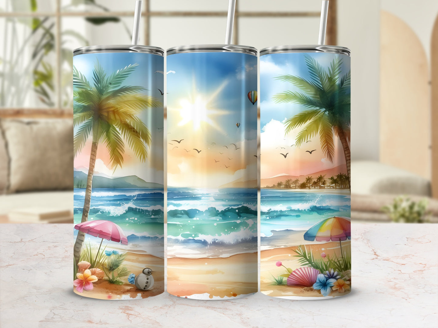 Beach scene tumbler with palm trees, ocean waves, and a colorful umbrella.