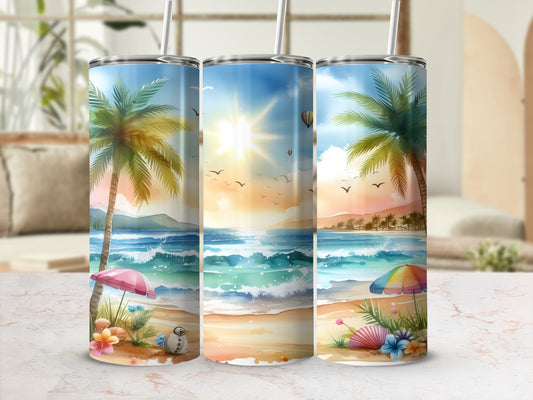 Beach scene tumbler with palm trees, ocean waves, and a colorful umbrella.