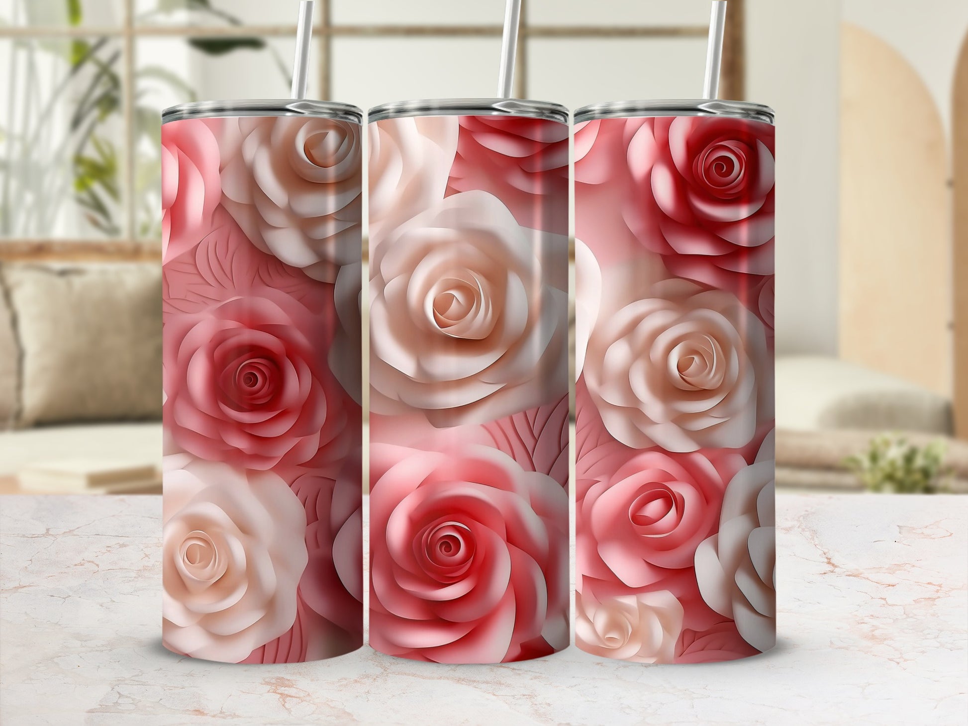 Pink and White Rose Pattern Tumbler with Straw Drinkware