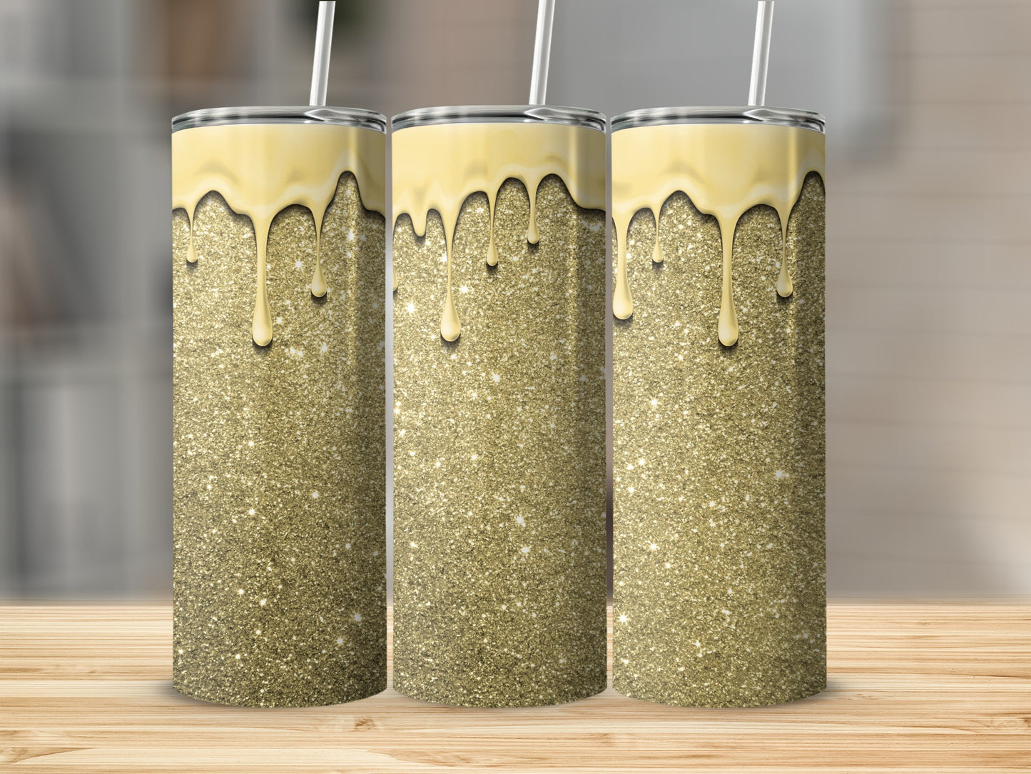 Gold and Cream Drip Glitter Tumbler with Straw