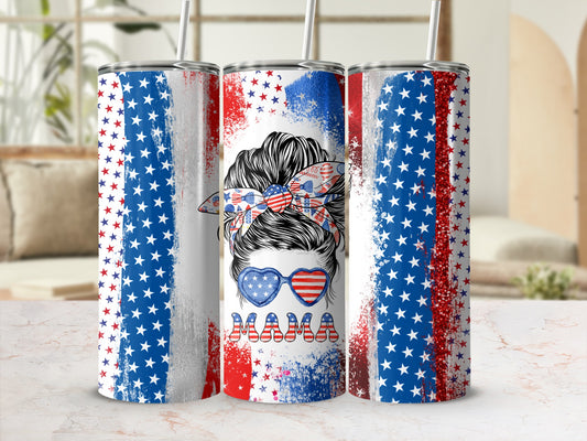 USA flag distressed tumbler with "Mama" heart glasses and bandana.