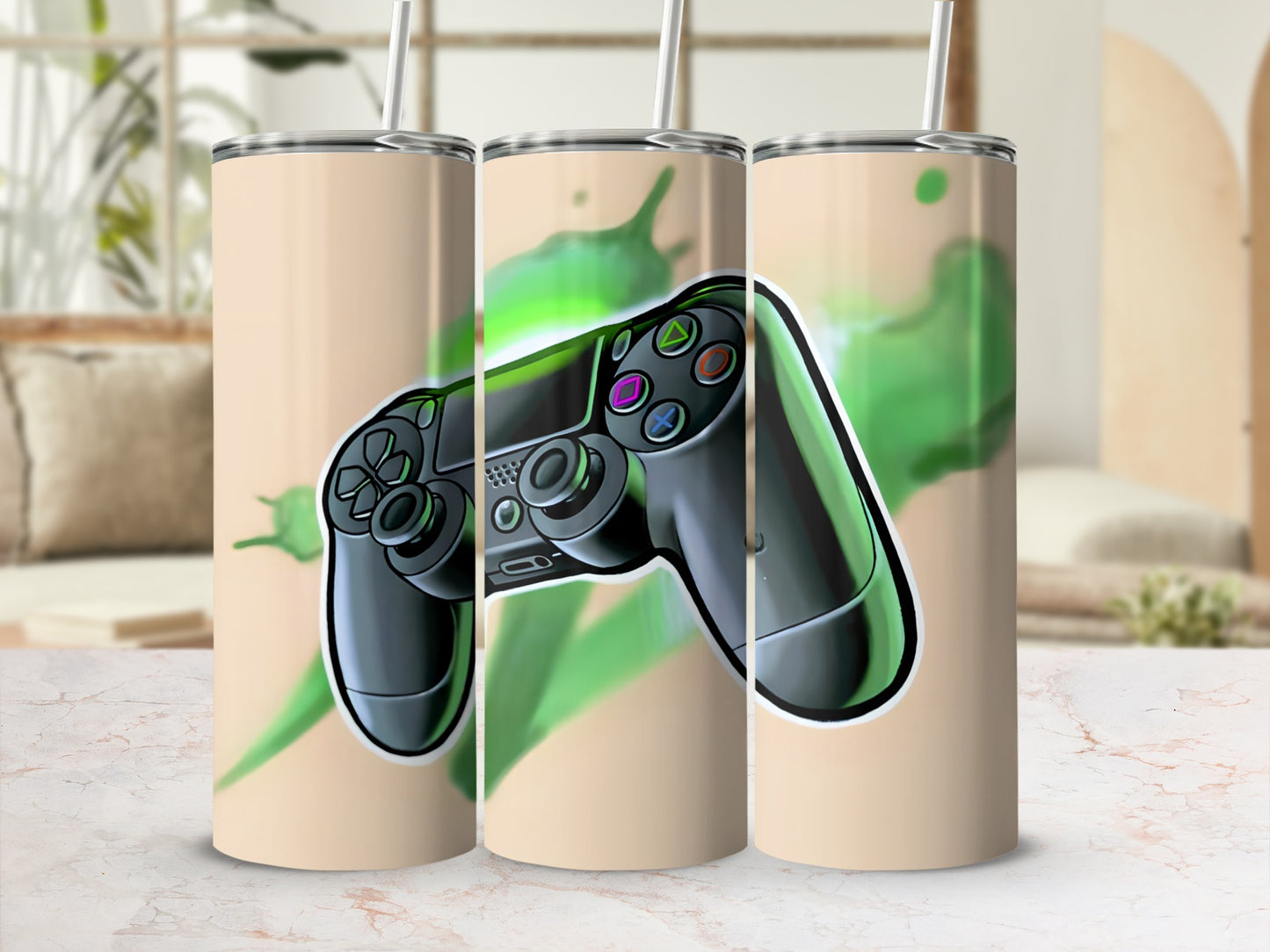 Gaming controller with green splash design on three tumblers.