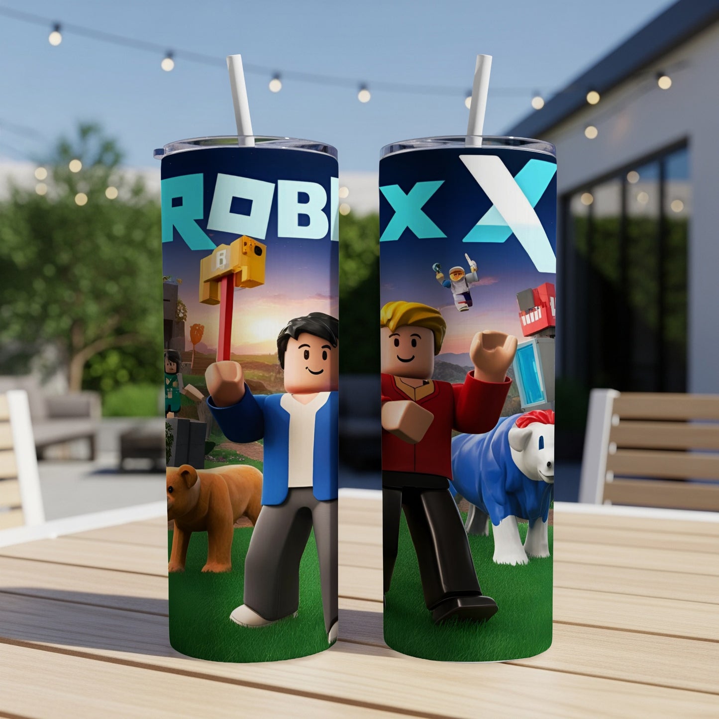 Two Roblox character tumblers with avatars and game graphics.