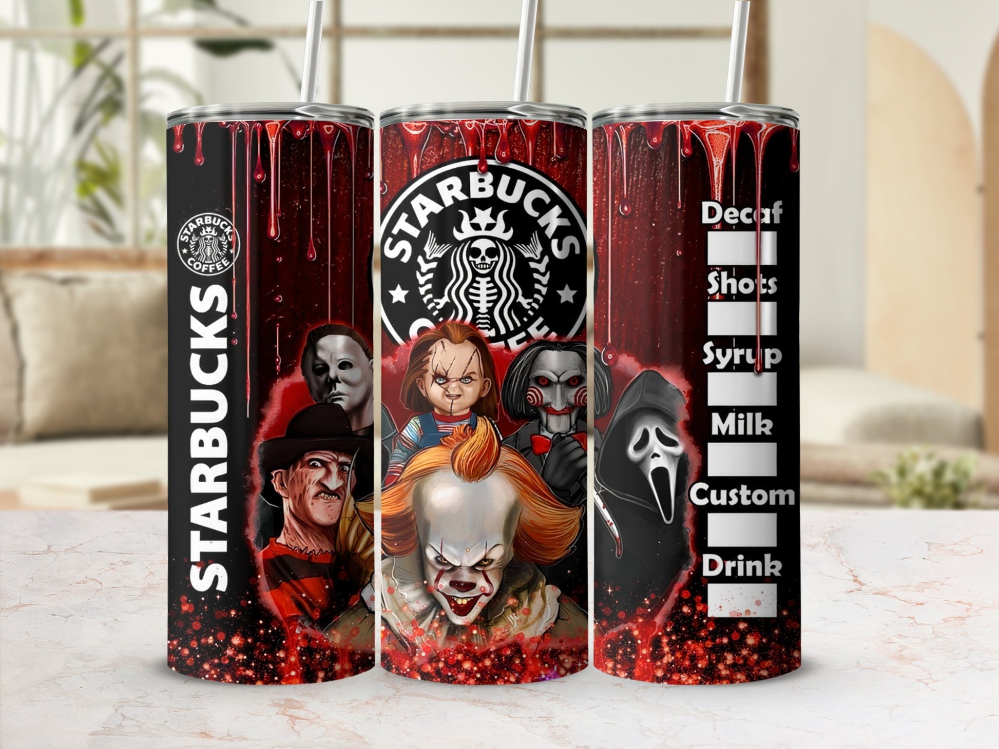 Tumbler with horror movie characters and Starbucks logo, blood drips and glitter.