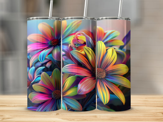 Three tumblers with colorful, abstract floral designs.