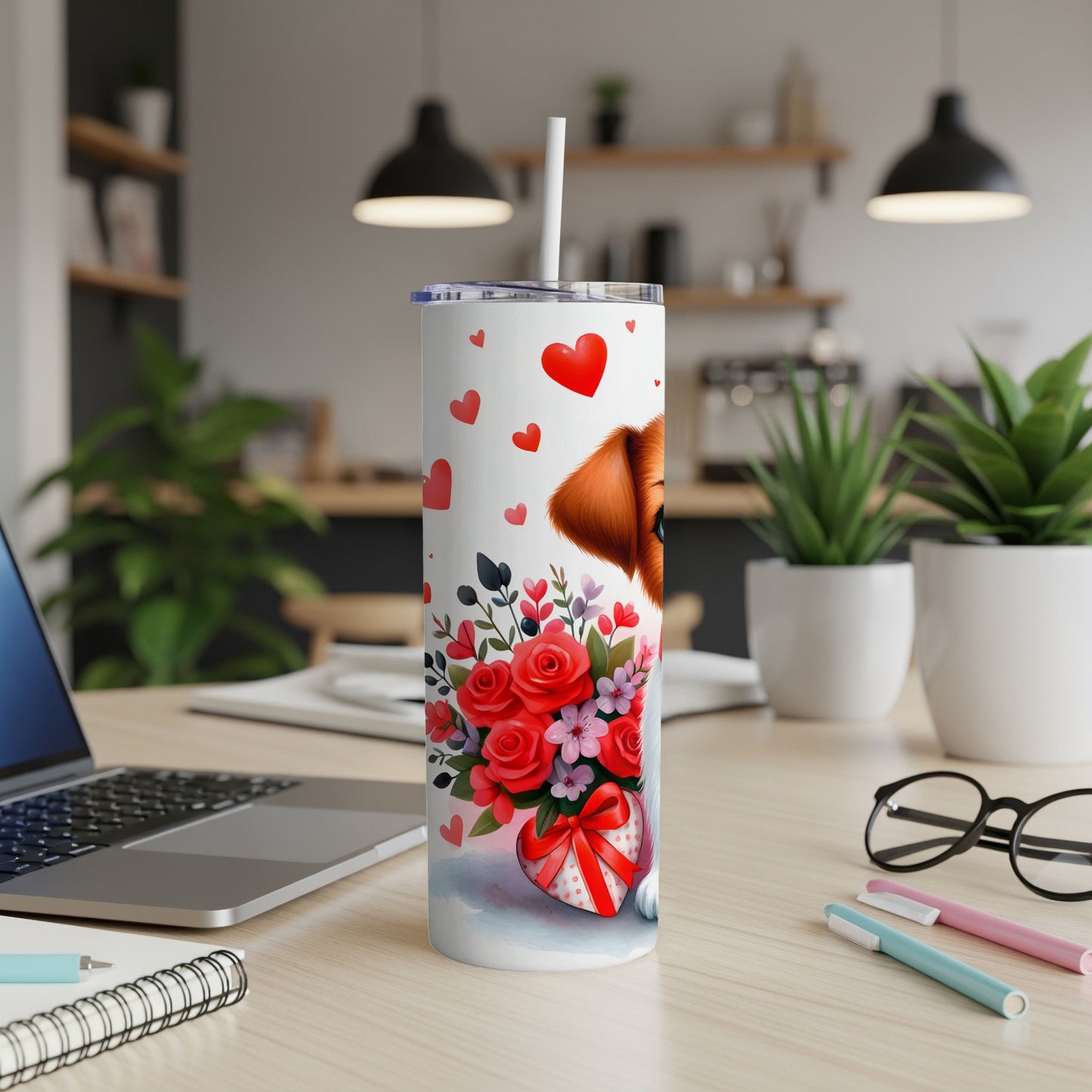 White tumbler with red hearts, roses, and a dog's face.