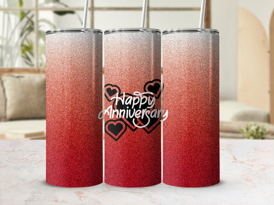 Red and silver glitter tumbler with "Happy Anniversary" text and hearts.