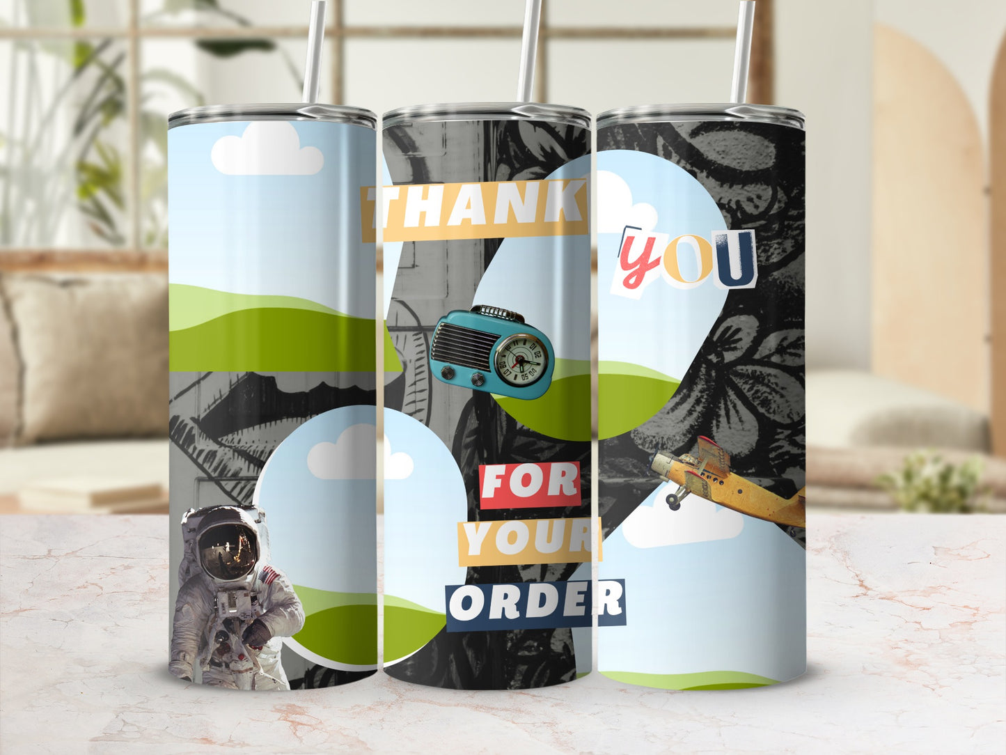 Tumblers feature an astronaut, vintage radio, and airplane with "Thank You For Your Order" text.