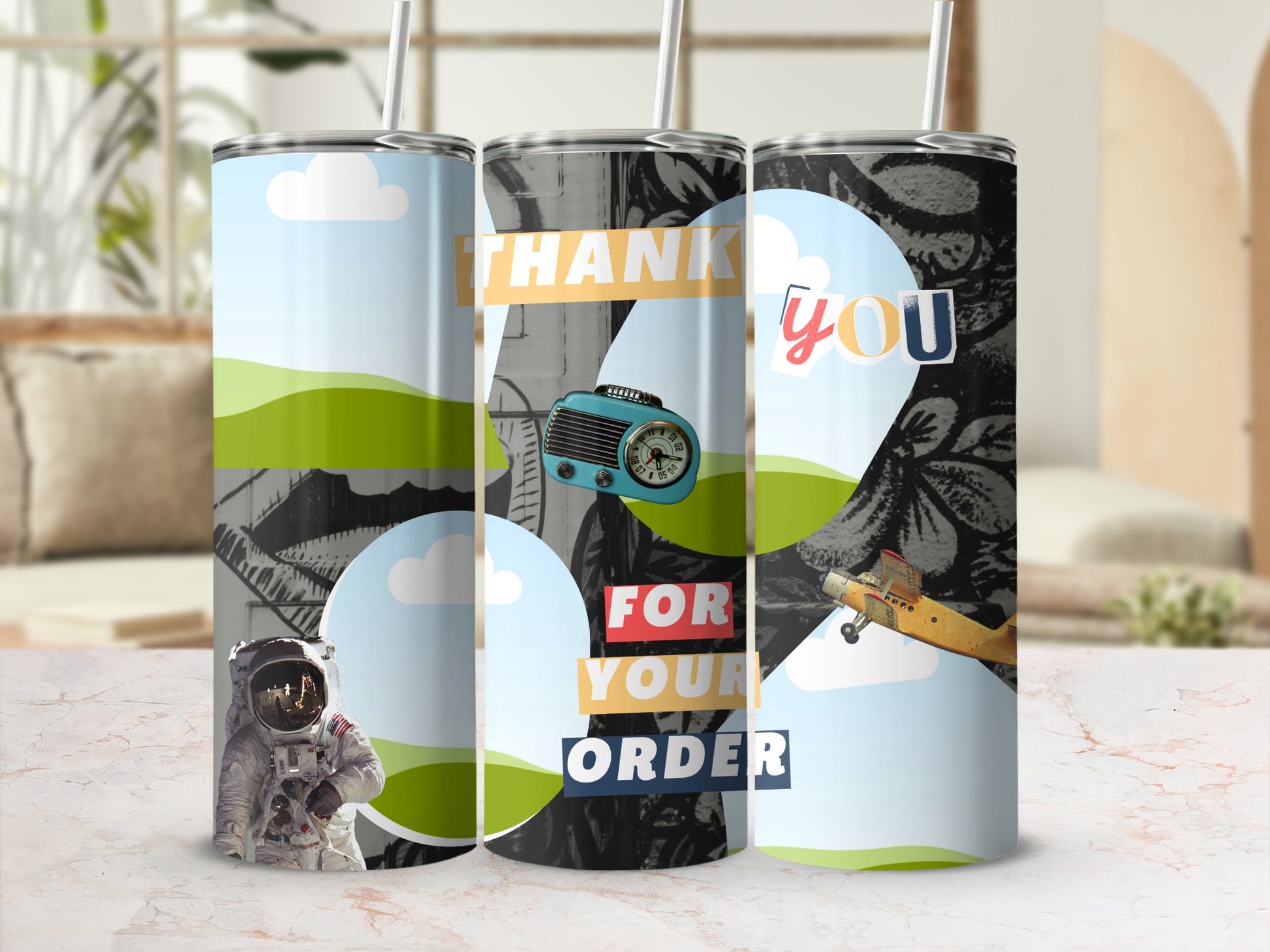 Tumblers feature an astronaut, vintage radio, and airplane with "Thank You For Your Order" text.