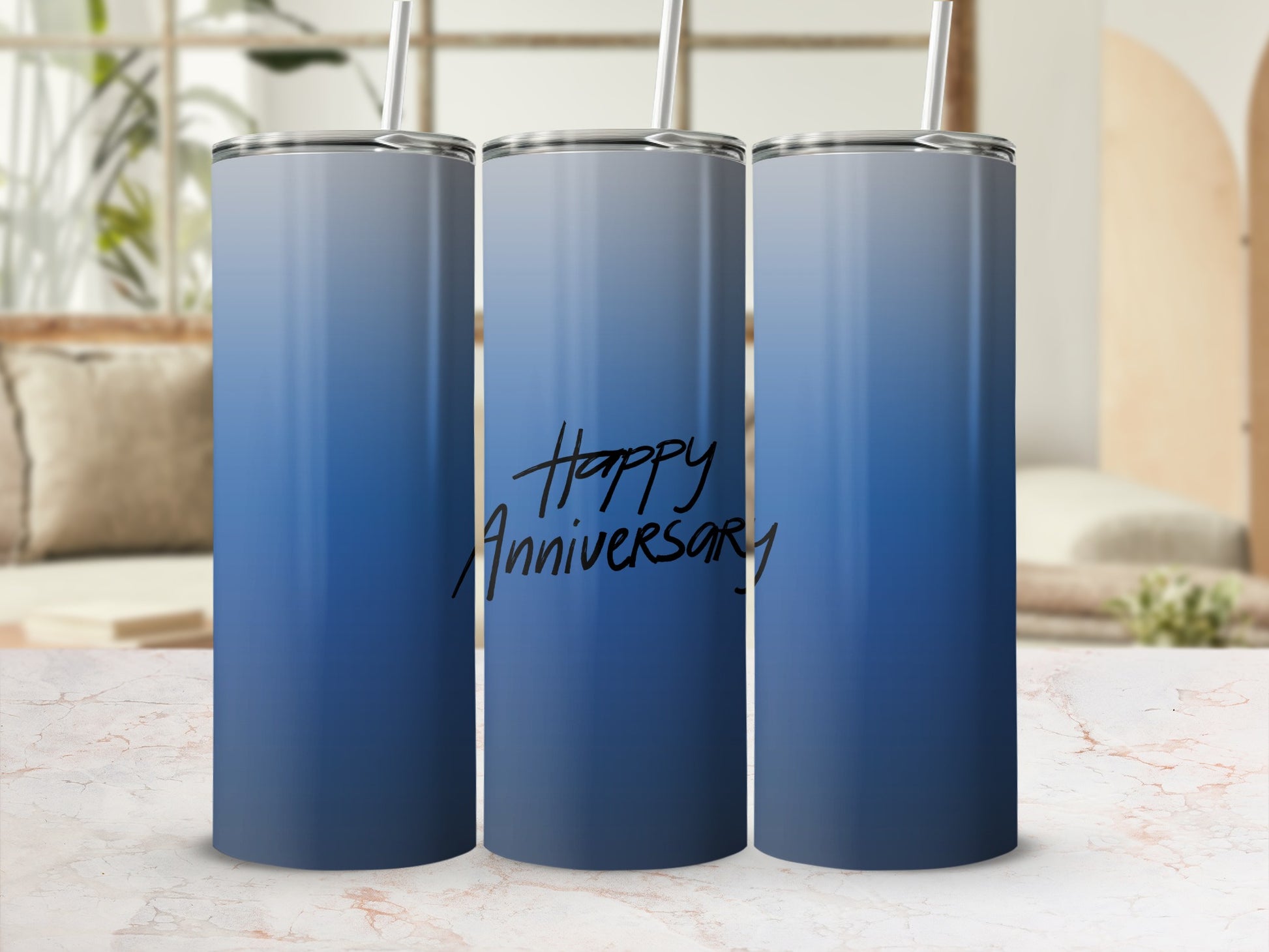 Blue ombre tumbler with "Happy Anniversary" text.