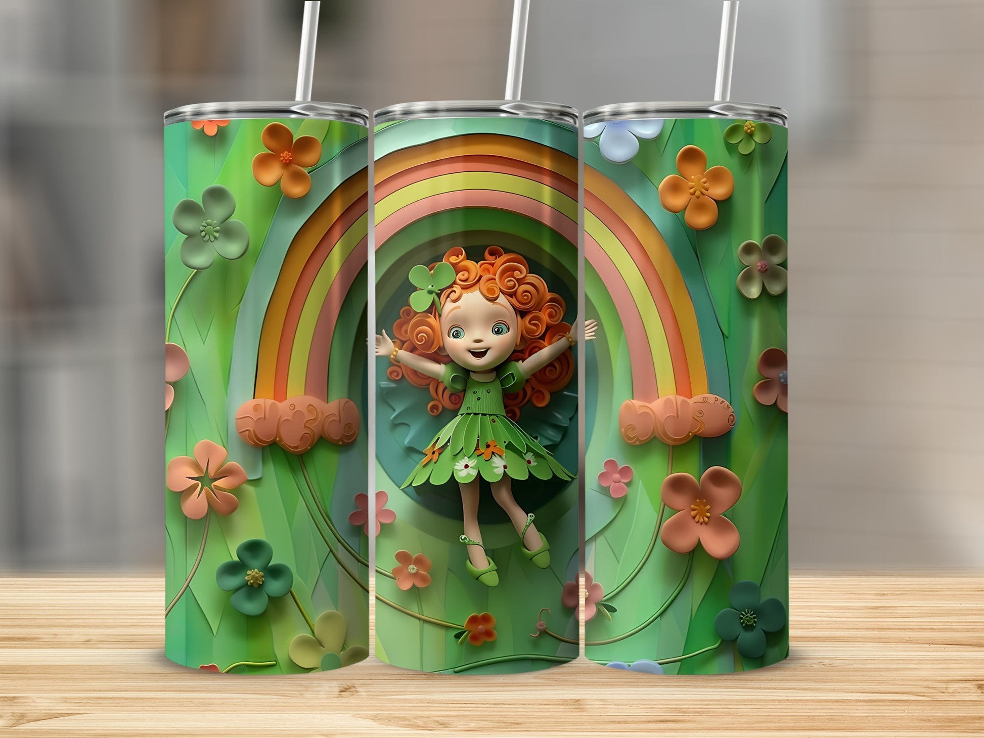 Green tumbler with rainbow, clouds, and flower decorations.