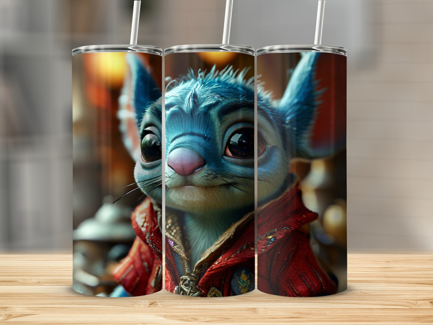 Three tumblers featuring a blue, alien character in a red jacket.