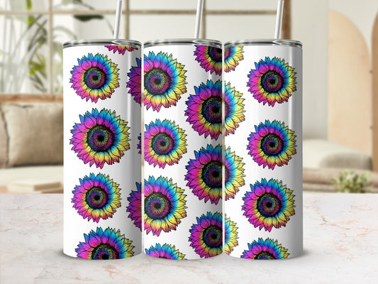 Three tumblers with a colorful tie-dye sunflower design.
