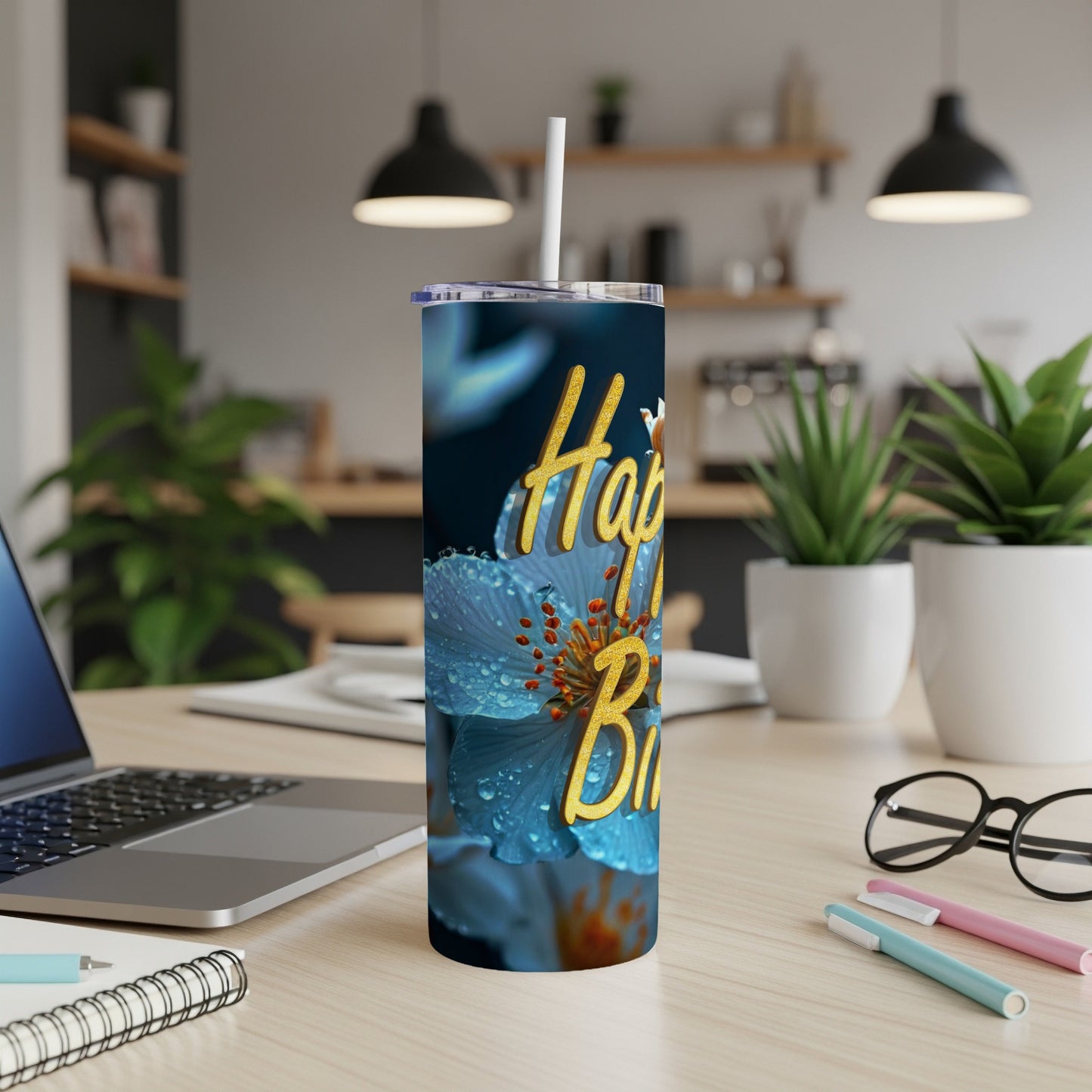 Tumbler with "Happy Birthday" text and floral design.