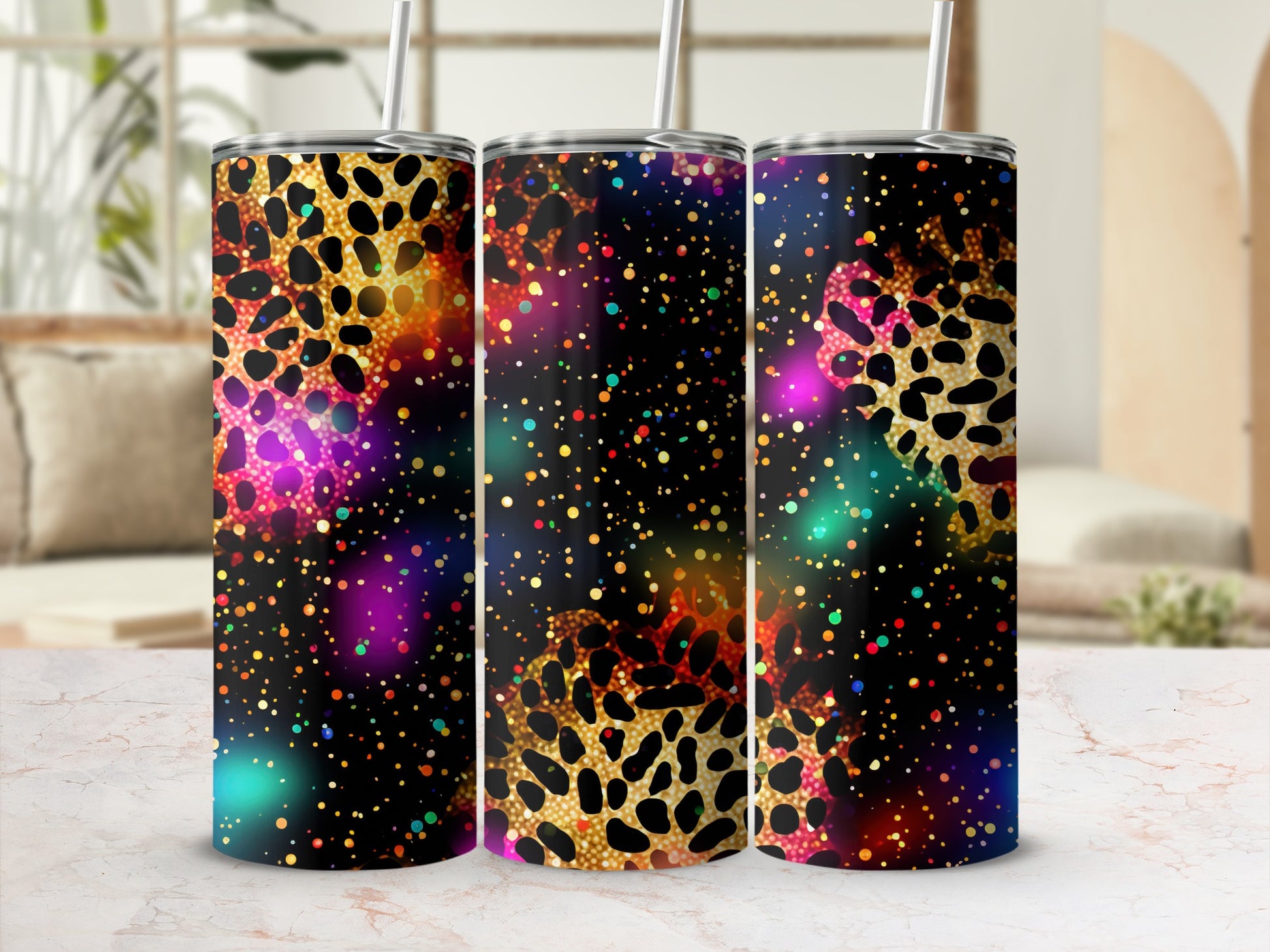Leopard print tumbler with colorful glitter and bokeh effects.