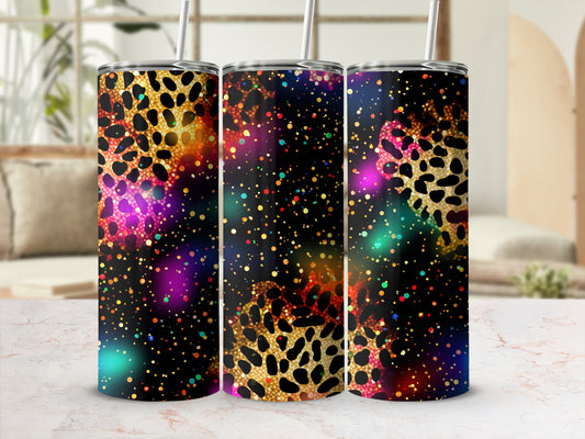 Leopard print tumbler with colorful glitter and bokeh effects.