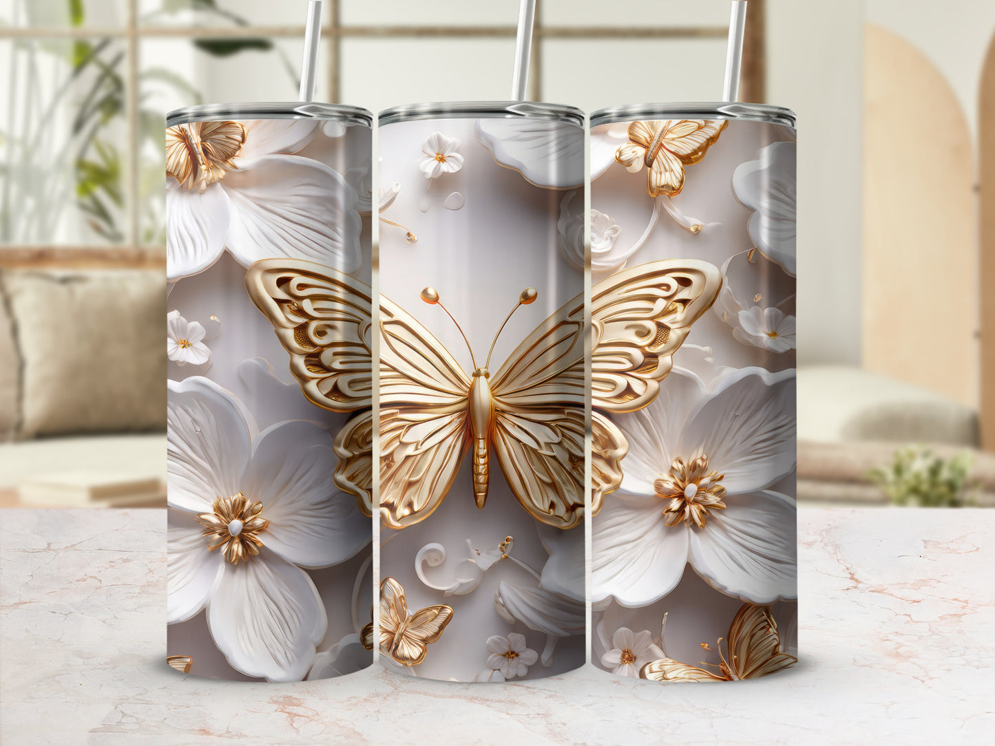 Elegant Butterfly and Floral Insulated Tumbler Product