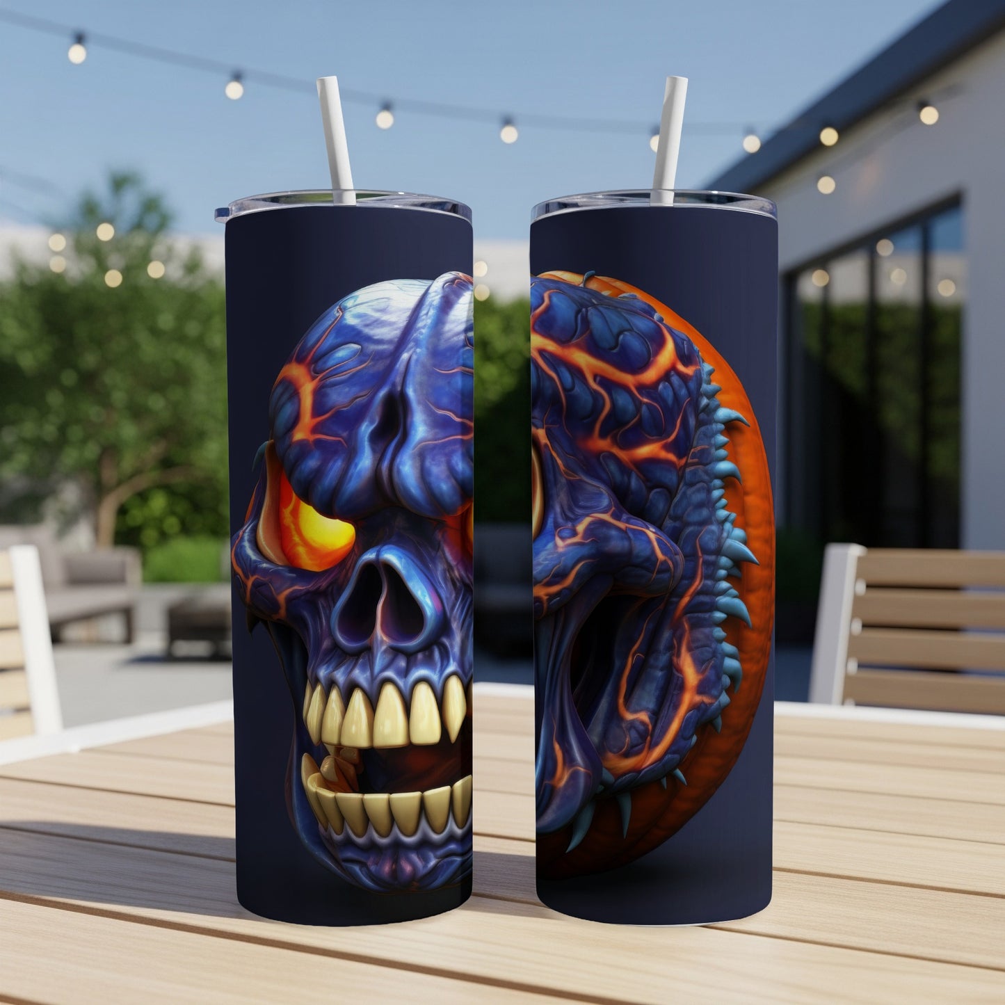 Two tumblers featuring a blue and orange flaming skull design on a dark background.