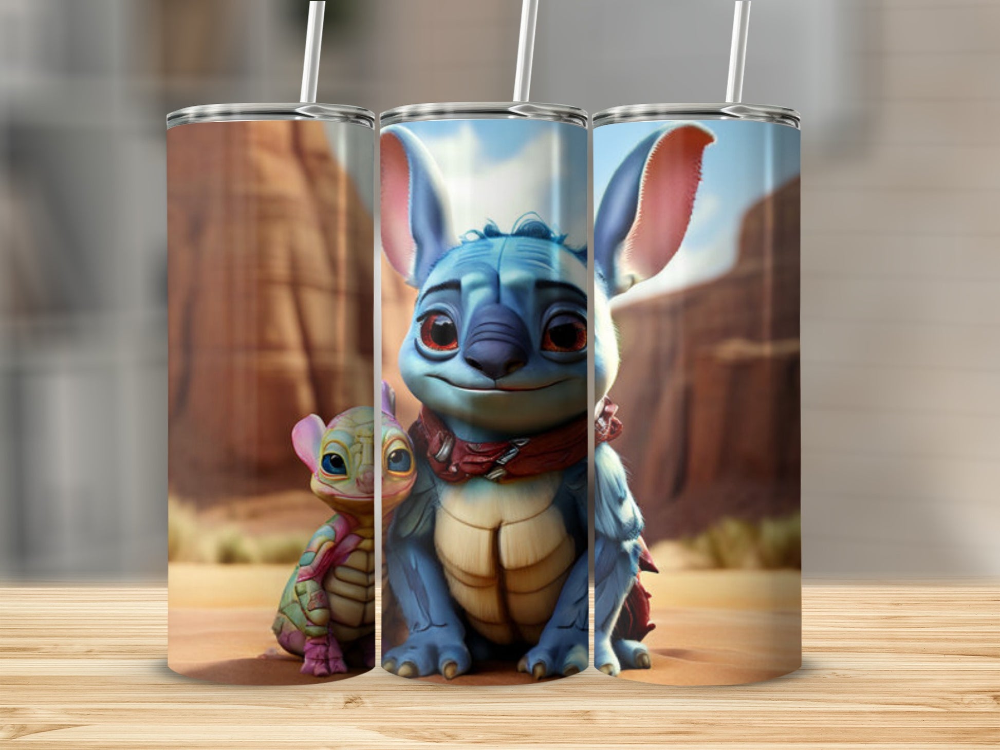 Stitch and Angel characters on a desert landscape tumbler.