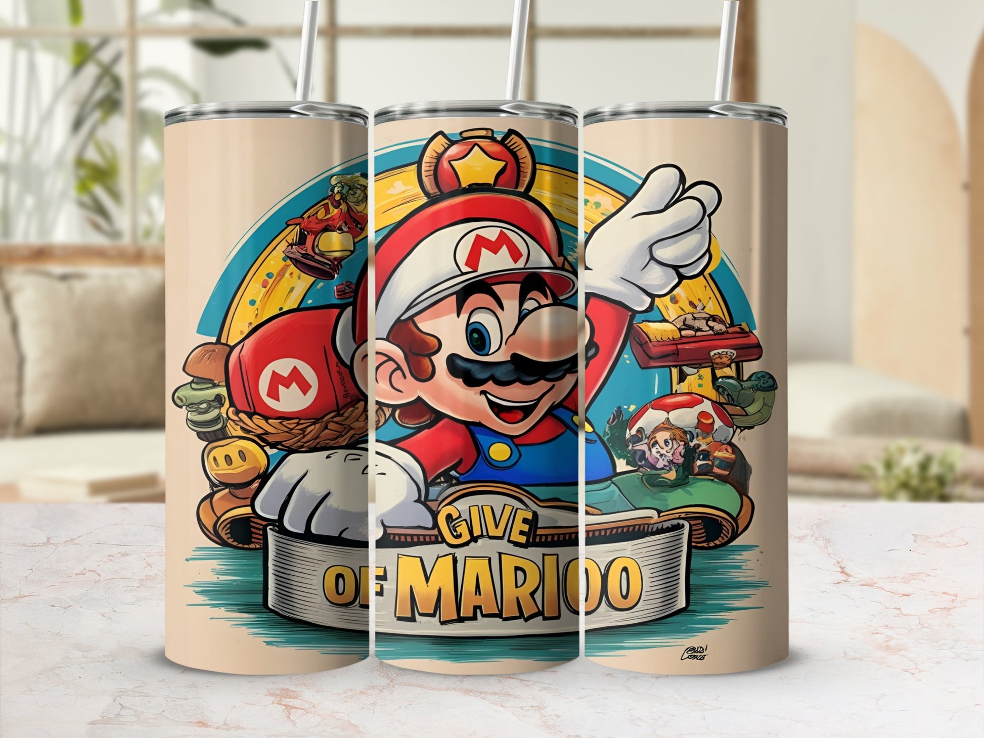 Super Mario character with "Give of Mario" text on a cylindrical tumbler.
