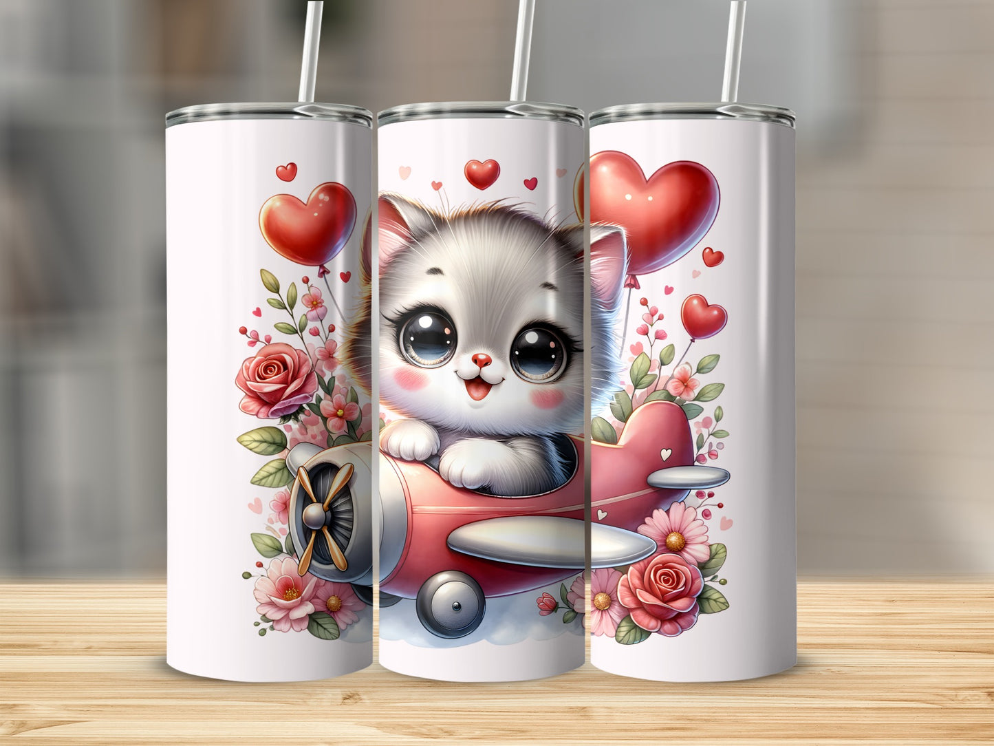 Cute kitten in airplane with hearts and roses.