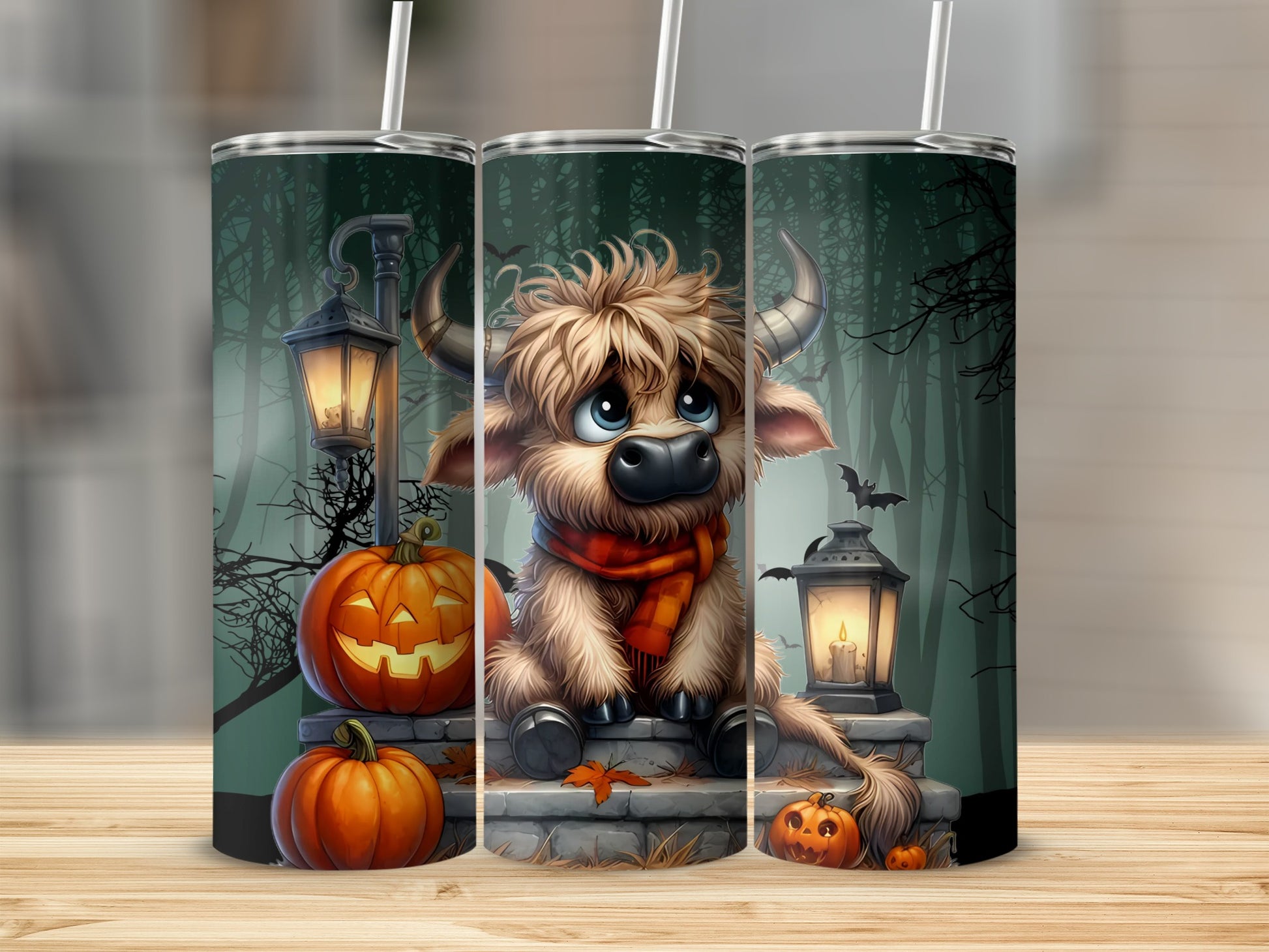 Cute Highland Cow with Pumpkins Halloween Tumbler