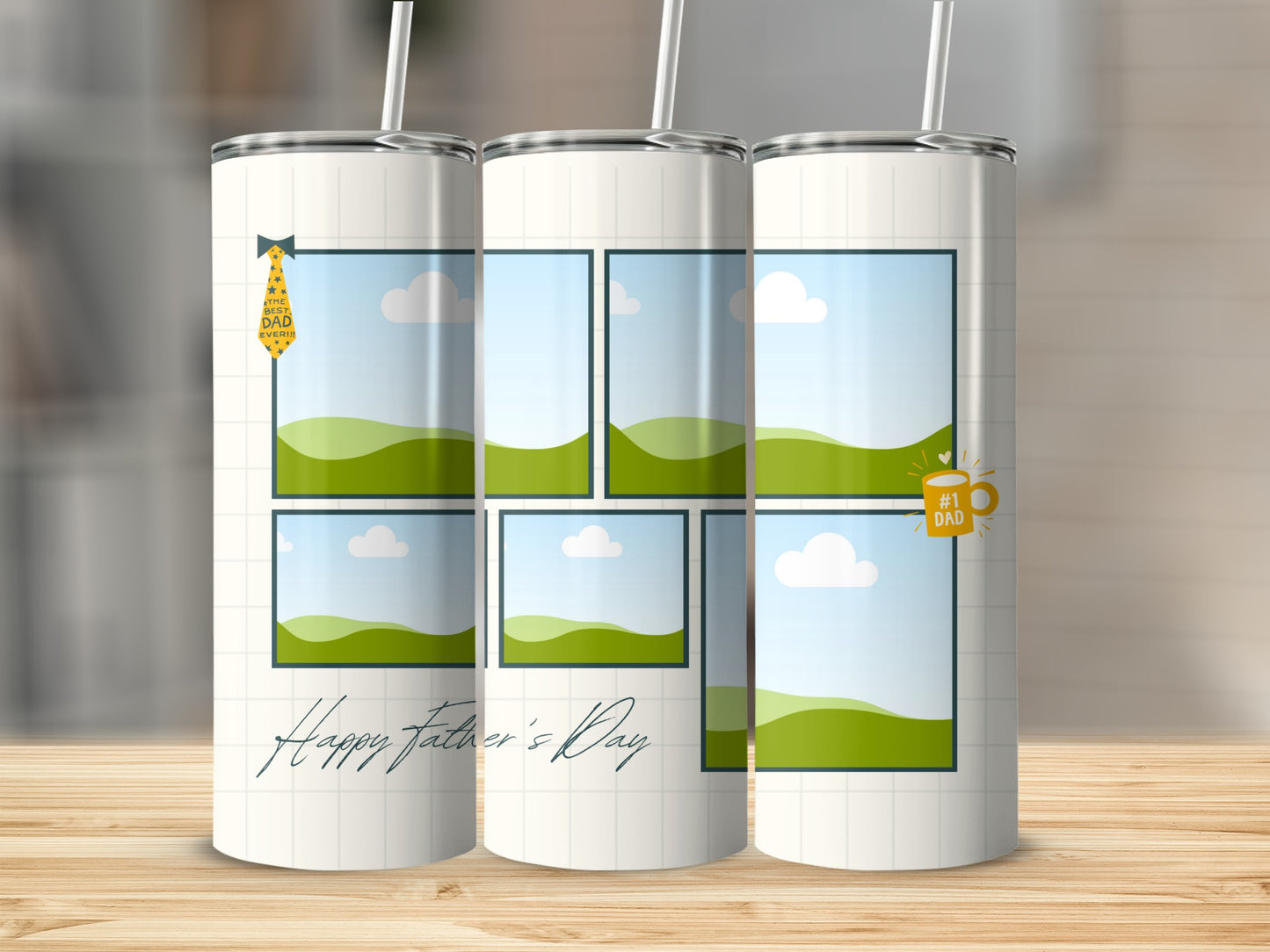 Tumblers with a "Happy Father's Day" design featuring a tie and "#1 Dad" mug.