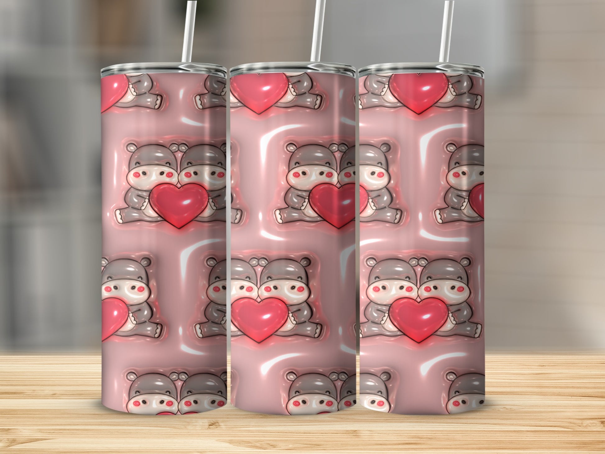 Cute Hippo Heart Pattern Skinny Tumbler Valentine's Day Gift