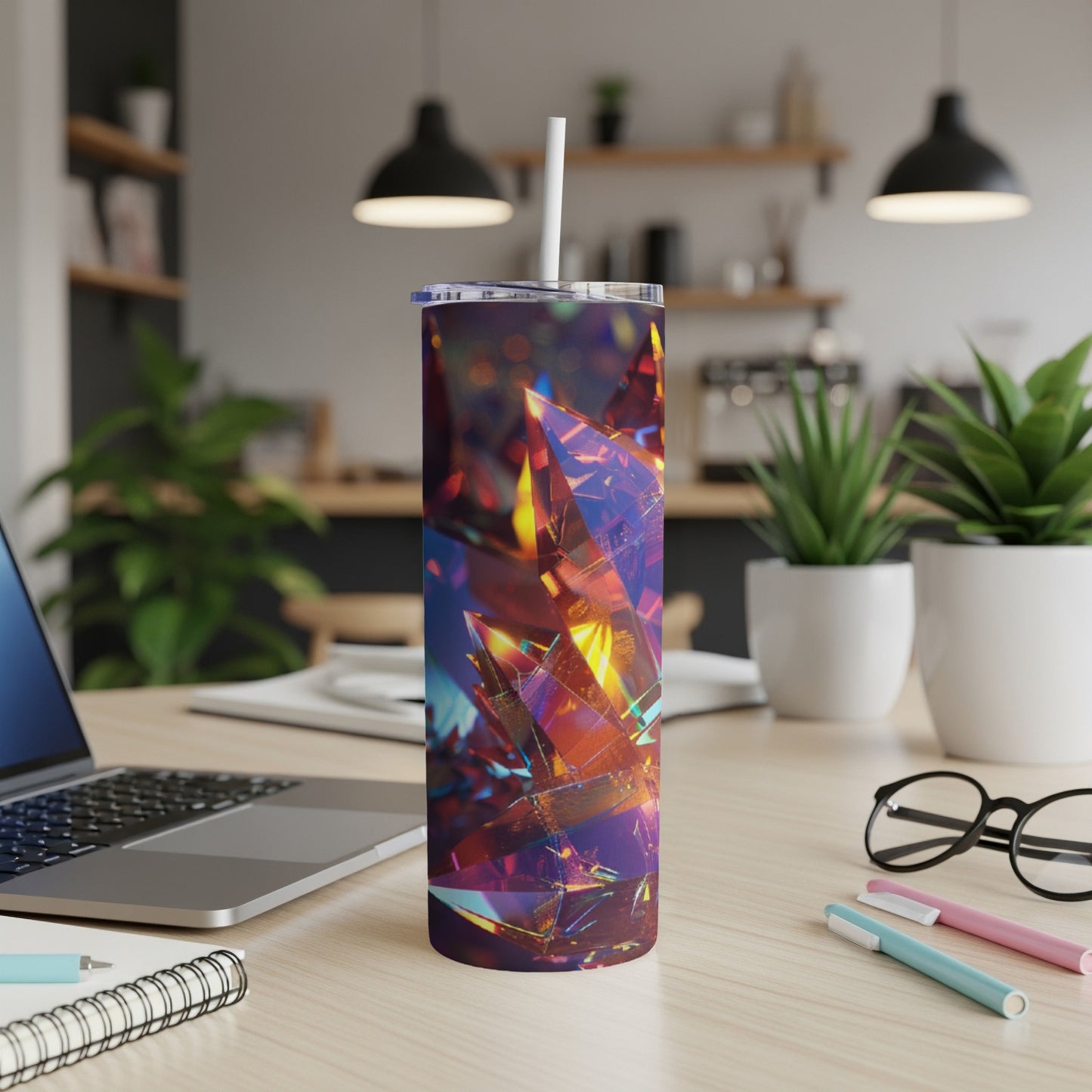 Tumbler with faceted, colorful gemstone pattern.