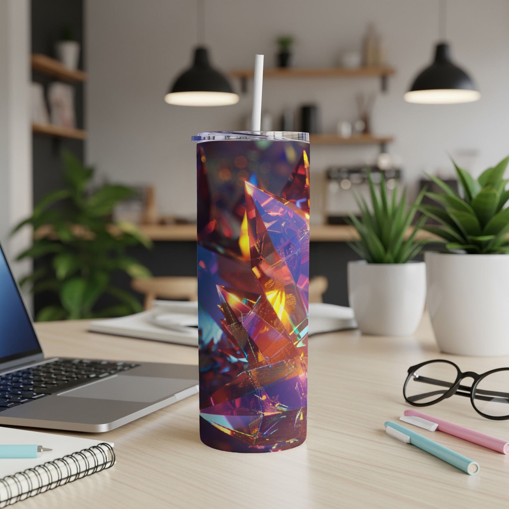 Tumbler with faceted, colorful gemstone pattern.