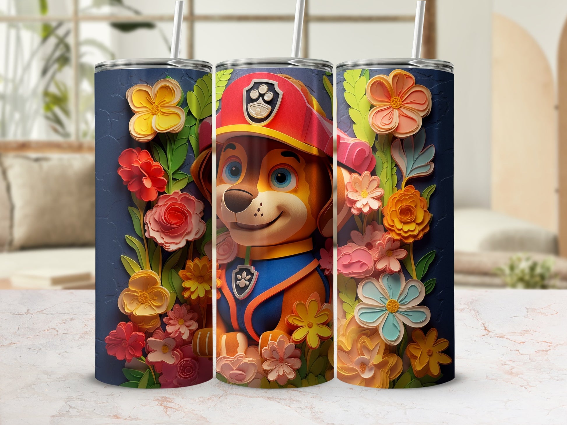 Adorable Paw Patrol Dog with Colorful Flowers Tumbler