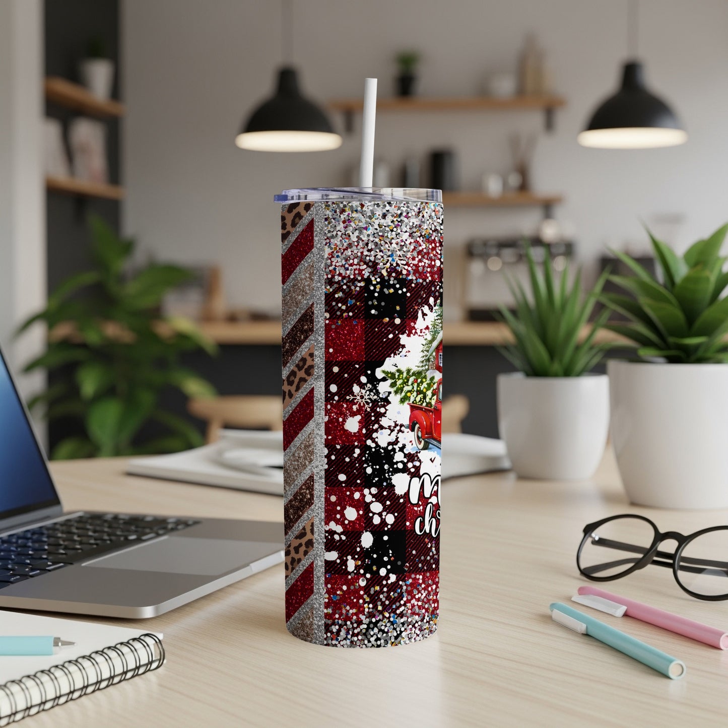 Red buffalo plaid tumbler with glitter accents and Christmas truck design.