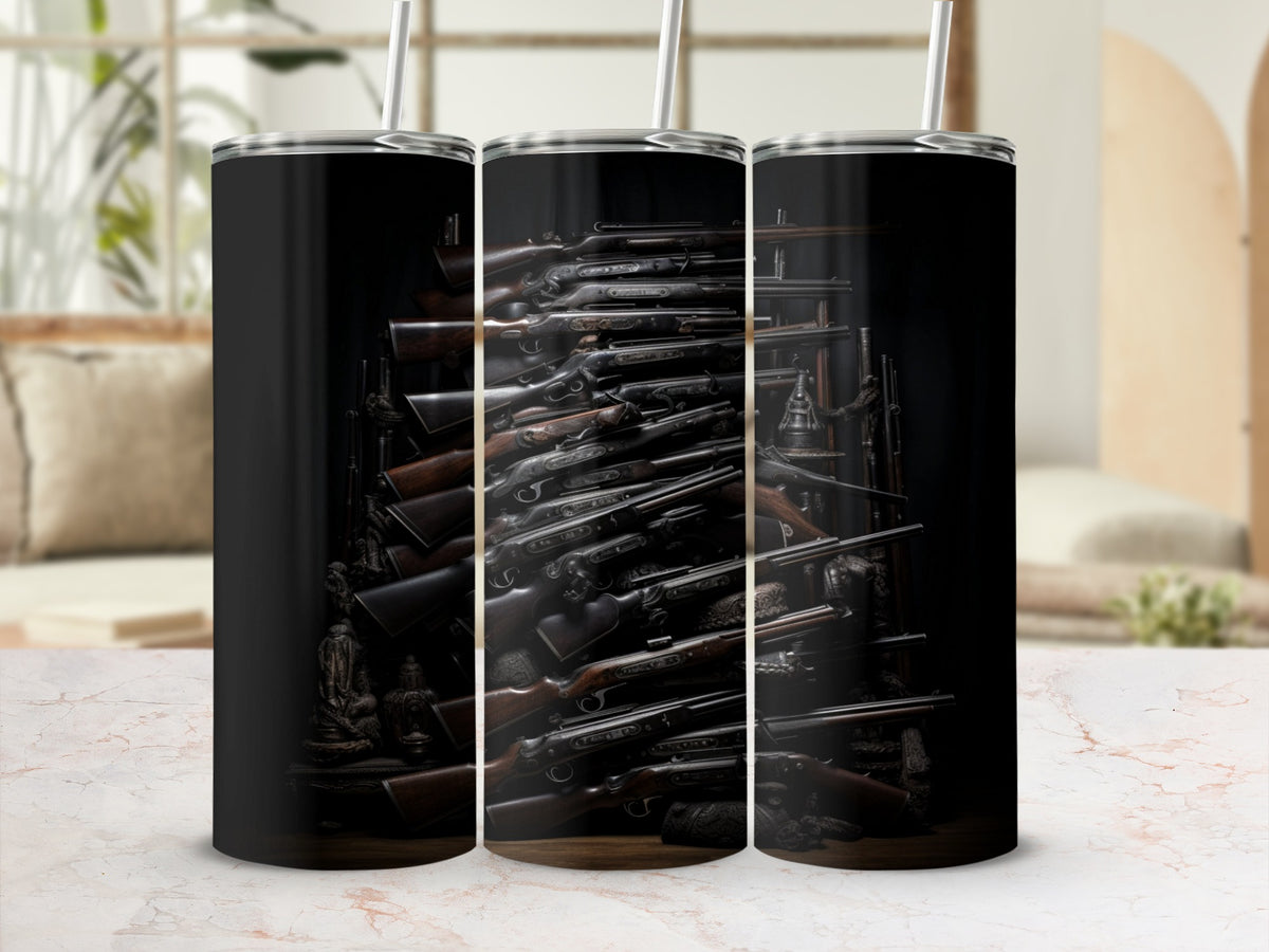 Tumbler with a detailed pattern of antique firearms and decorative elements.