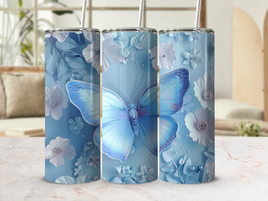 Blue butterfly and floral pattern on a tumbler.