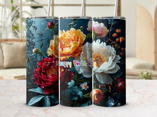 Tumblers with vibrant floral designs and "Happy Birthday" text.
