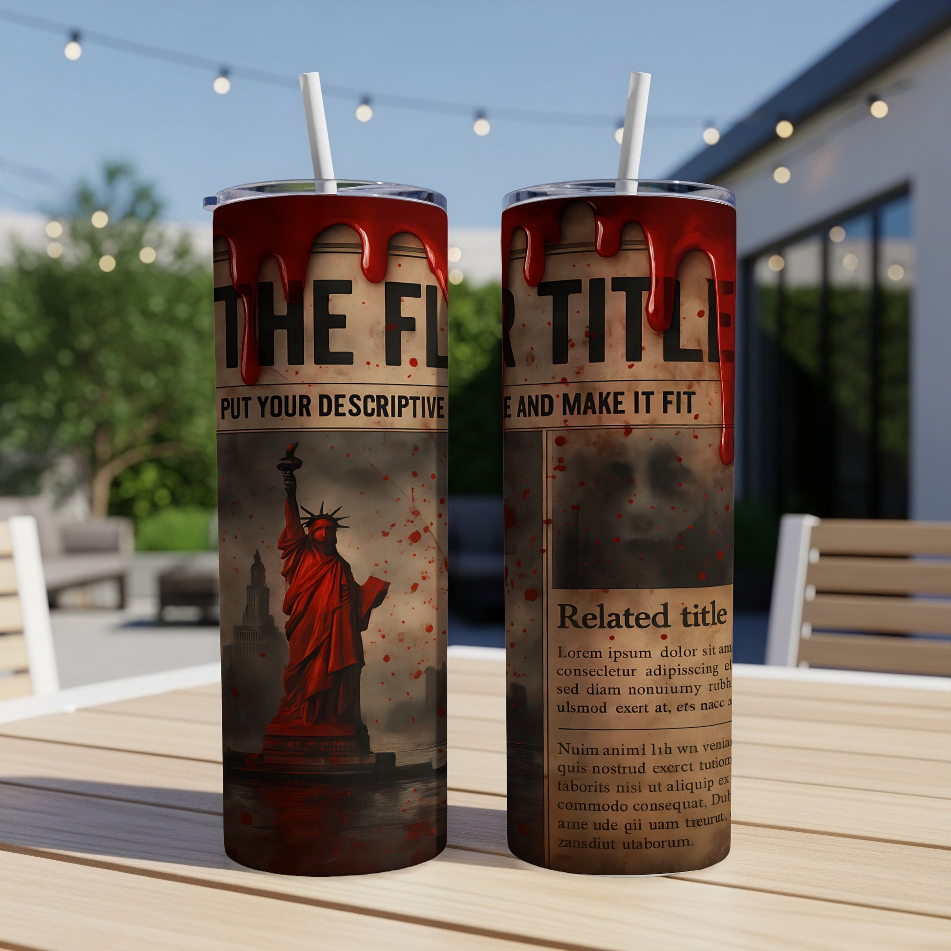 Two tumblers with a bloody Statue of Liberty and newspaper-style text.