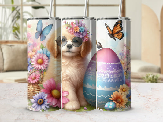 Three tumblers with a puppy, Easter egg, and butterfly designs.