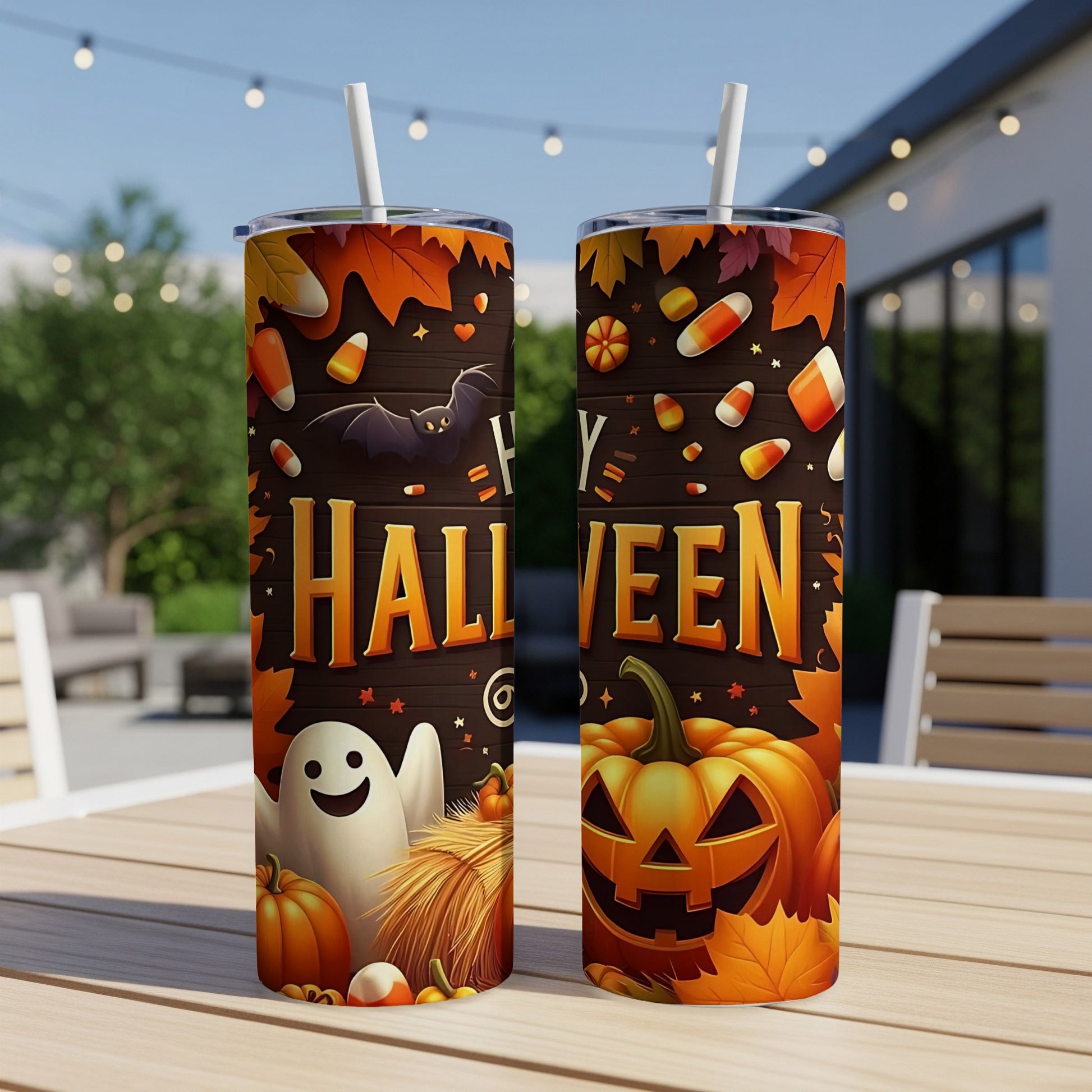 Two tumblers with Halloween graphics, featuring pumpkins, a ghost, bat, and candy corn.